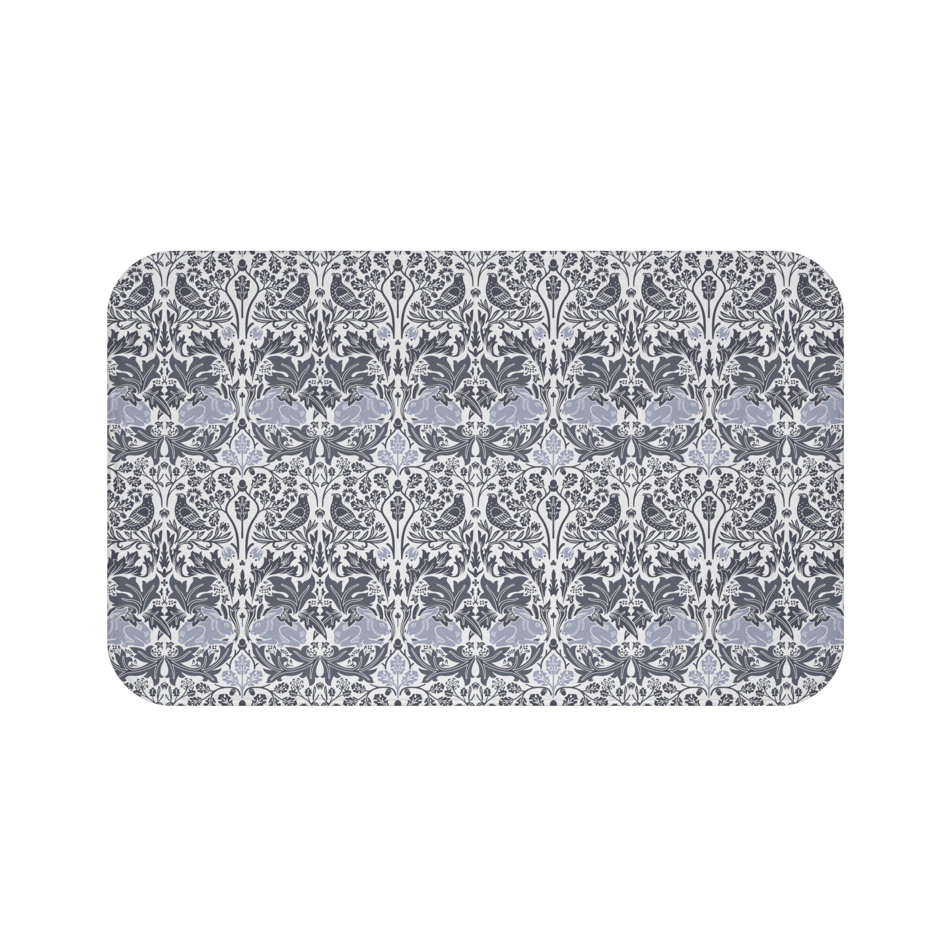 Microfibre bath mat with a gray and white floral pattern inspired by William Morris' work.
