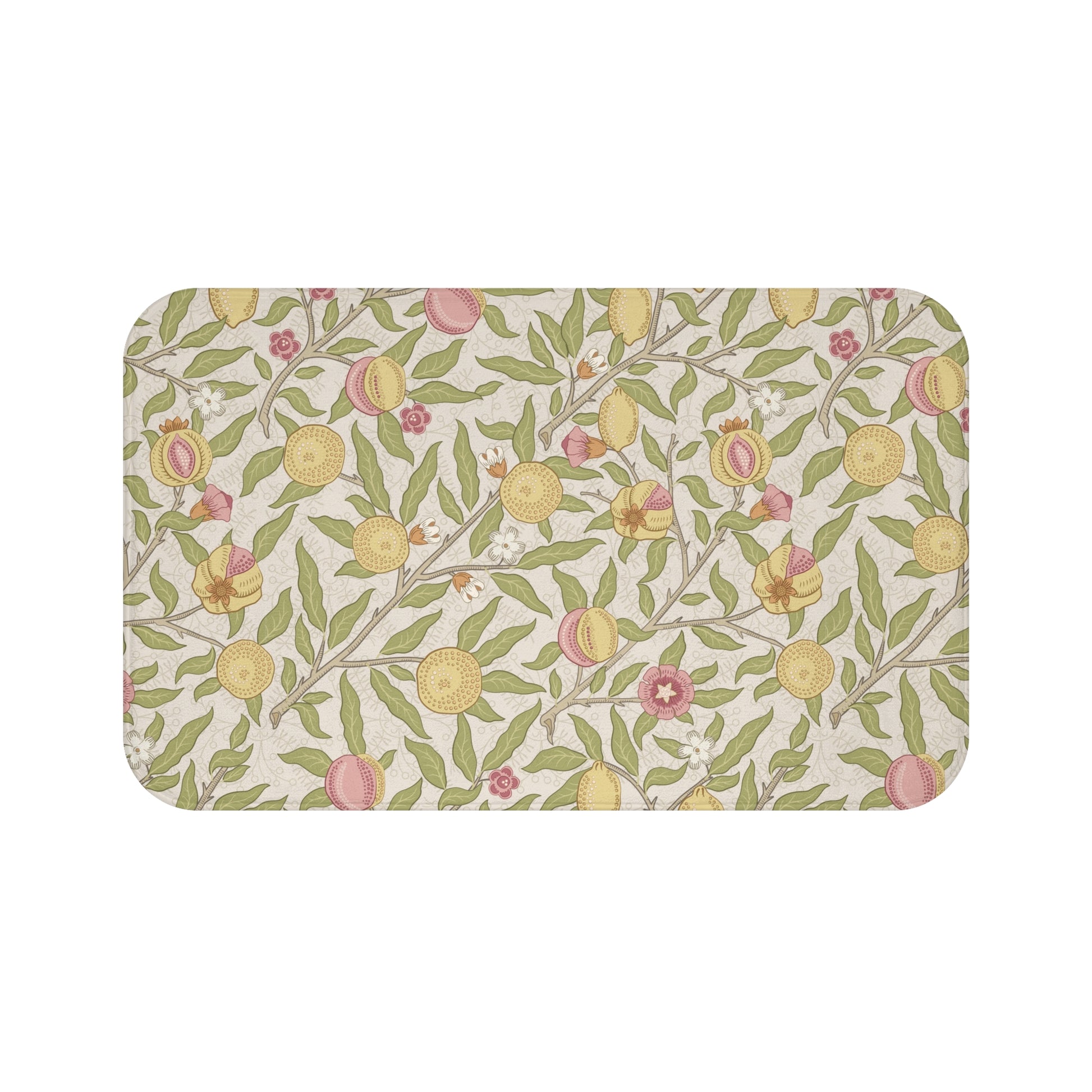 Floral patterned mat with yellow flowers and green leaves on a white background