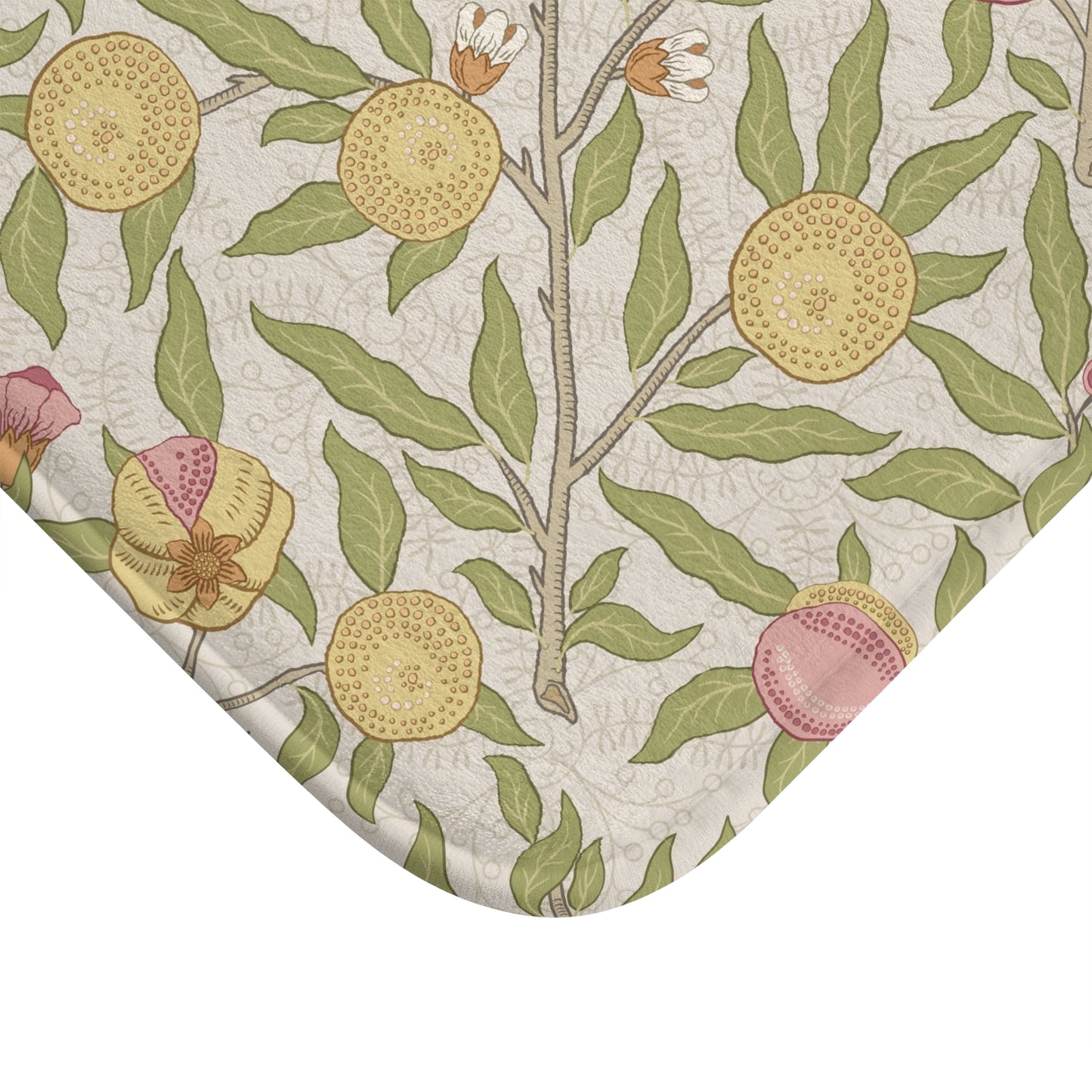 Patterned fabric with floral and fruit design on a beige background