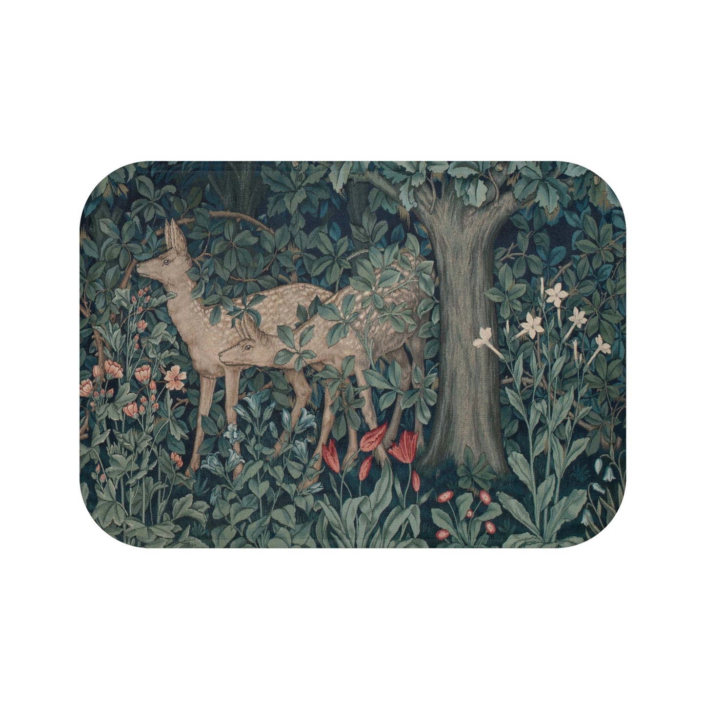 A microfibre bath mat featuring an intricate design of a deer in a forest setting, inspired by the William Morris tapestry.