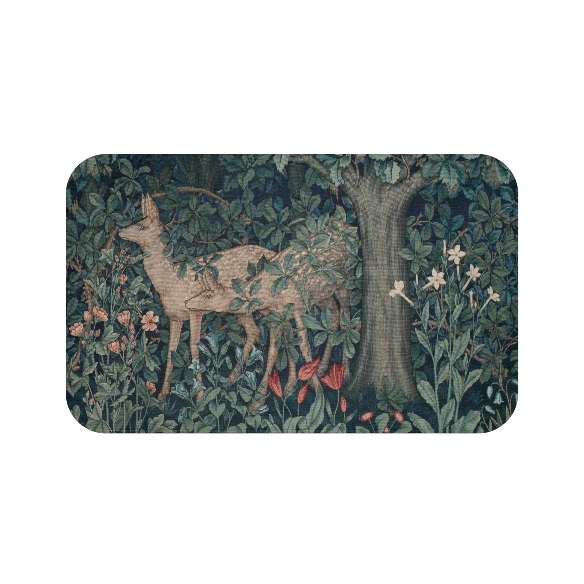 A microfibre bath mat featuring an intricate design of a deer in a forest setting, inspired by the William Morris tapestry.