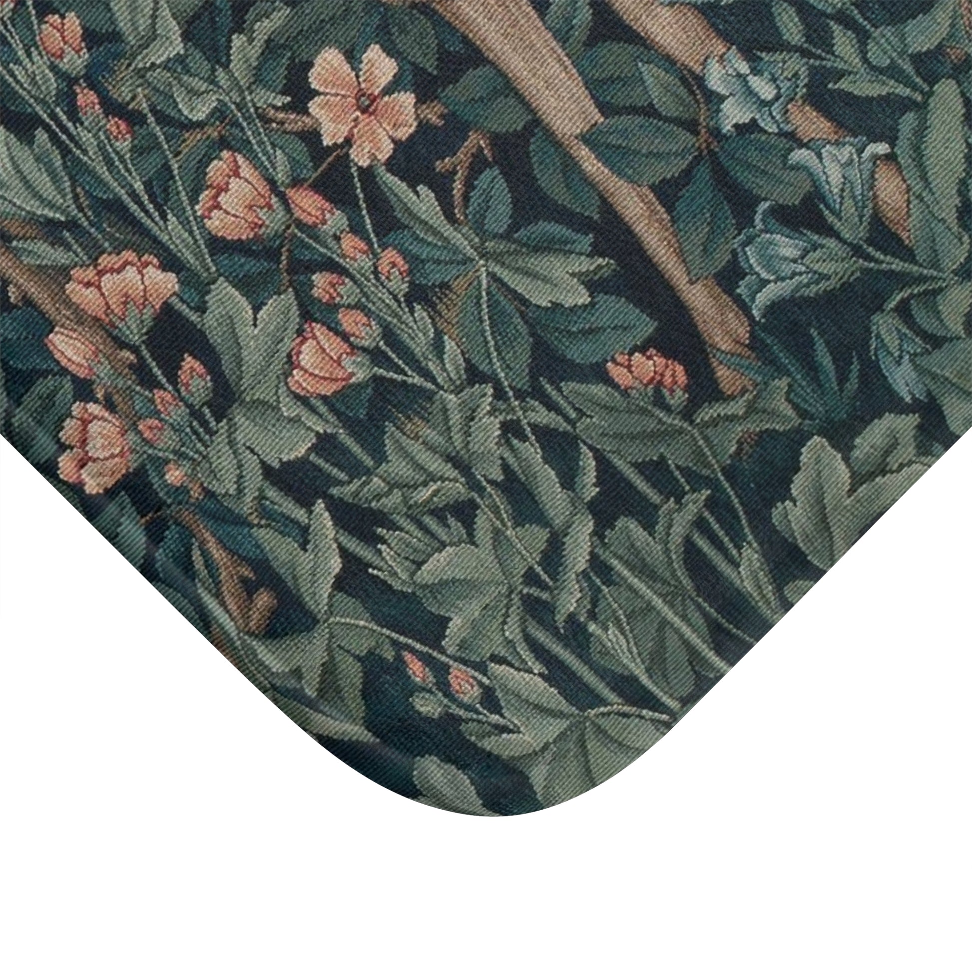 A microfibre bath mat featuring an intricate design of a deer in a forest setting, inspired by the William Morris tapestry.