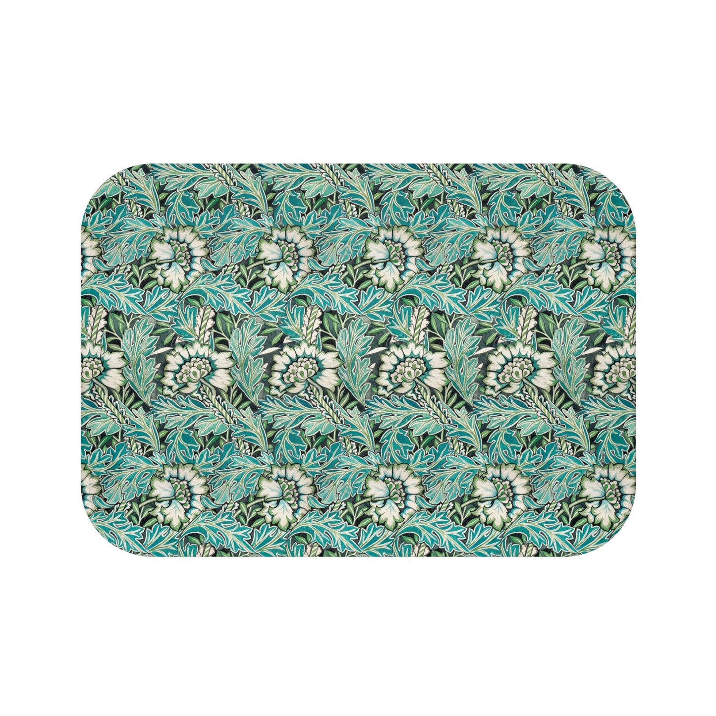 Microfibre bath mat with a floral pattern inspired by William Morris, predominantly in blue and white colours.
