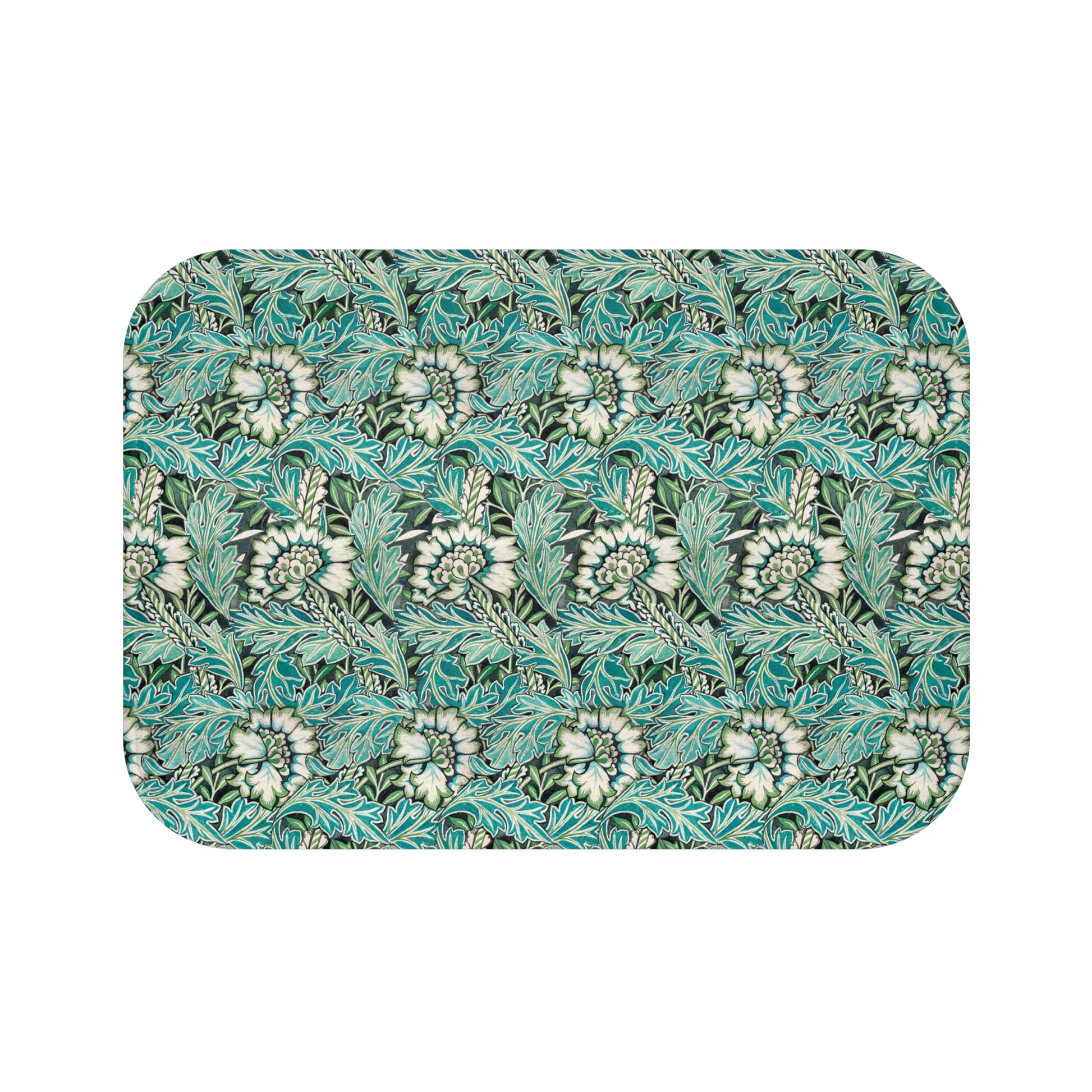 Microfibre bath mat with a floral pattern inspired by William Morris, predominantly in blue and white colours.