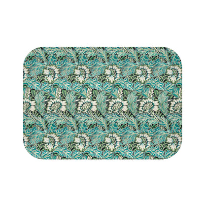 Microfibre bath mat with a floral pattern inspired by William Morris, predominantly in blue and white colours.