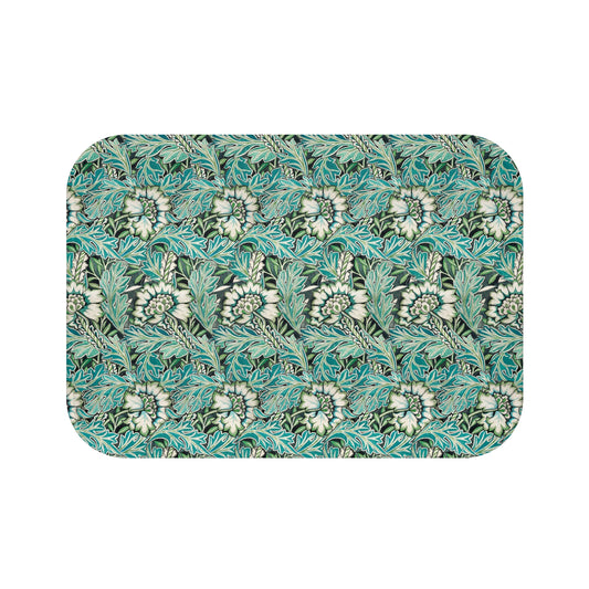 Microfibre bath mat with a floral pattern inspired by William Morris, predominantly in blue and white colours.