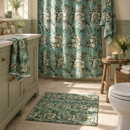 Microfibre bath mat with a floral pattern inspired by William Morris, predominantly in blue and white colours.