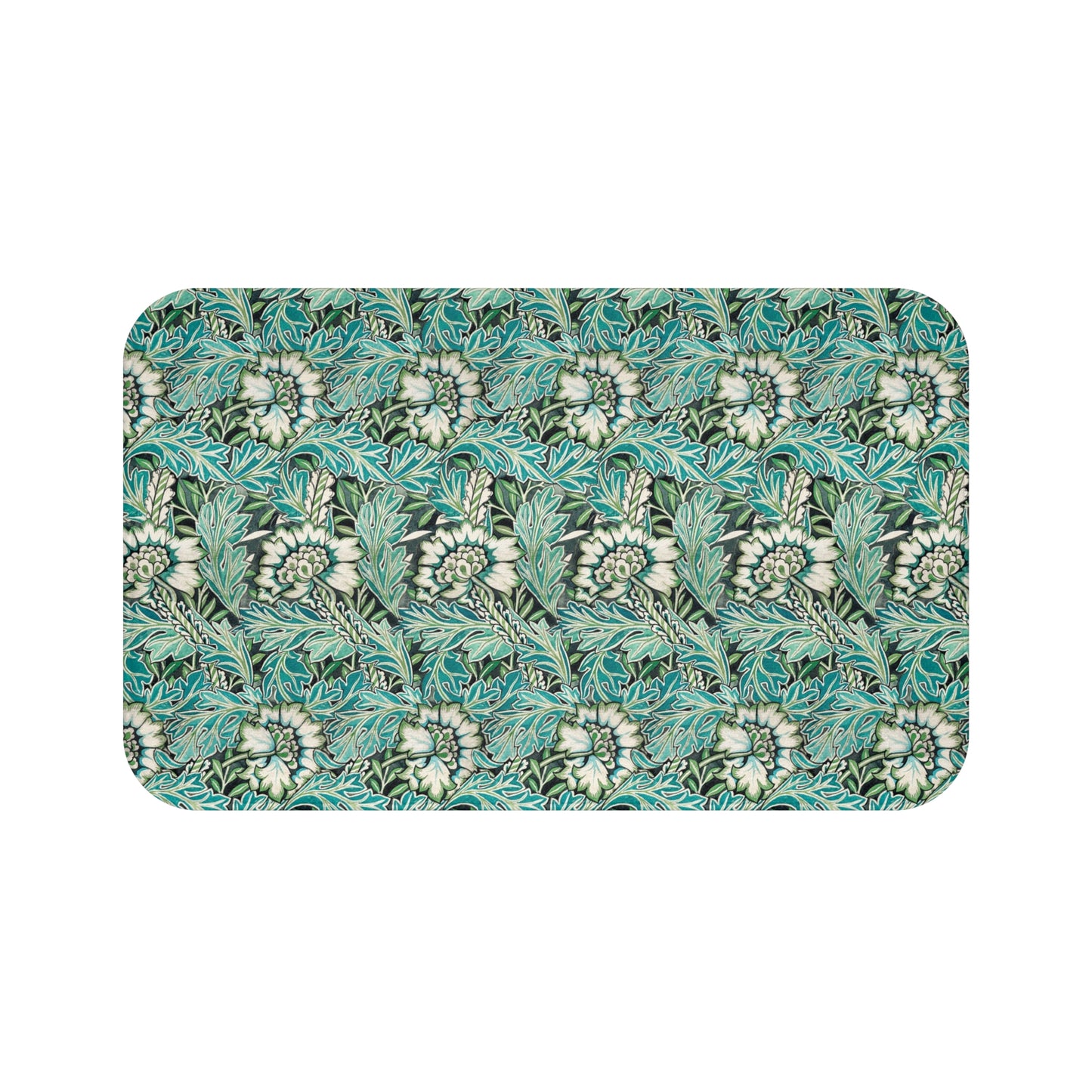 Microfibre bath mat with a floral pattern inspired by William Morris, predominantly in blue and white colours.