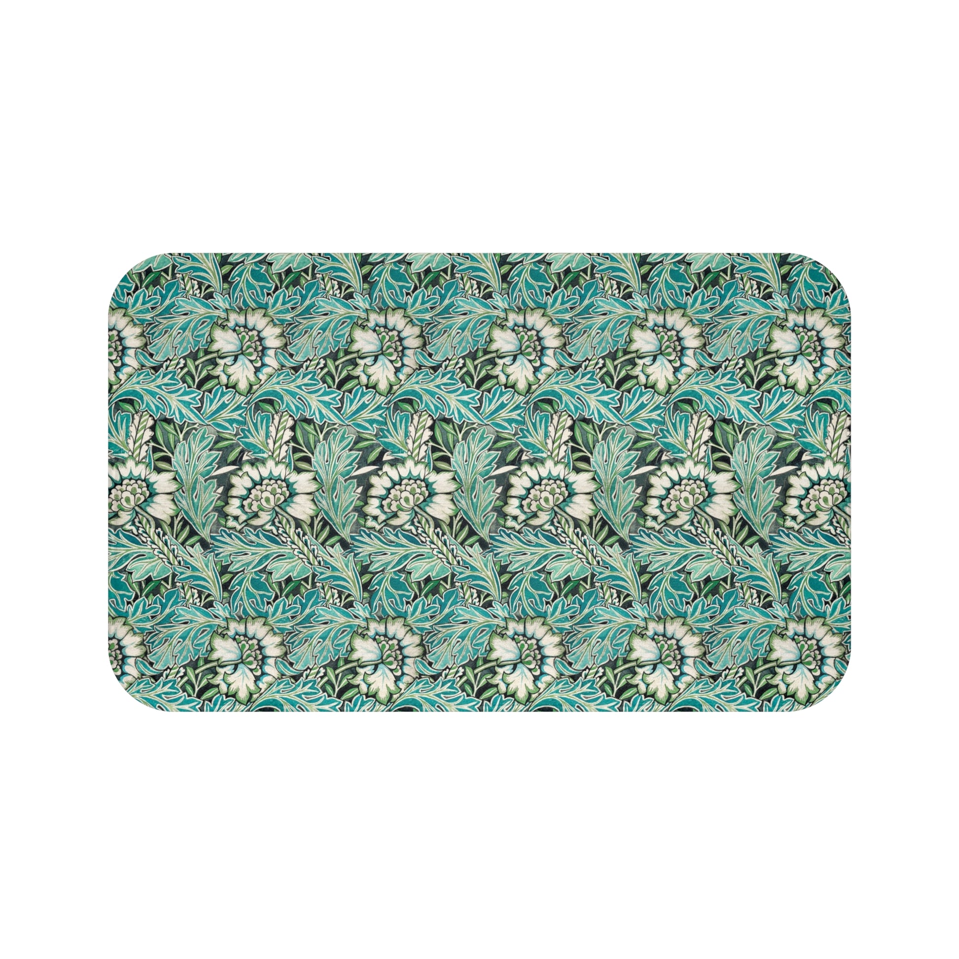 Microfibre bath mat with a floral pattern inspired by William Morris, predominantly in blue and white colours.