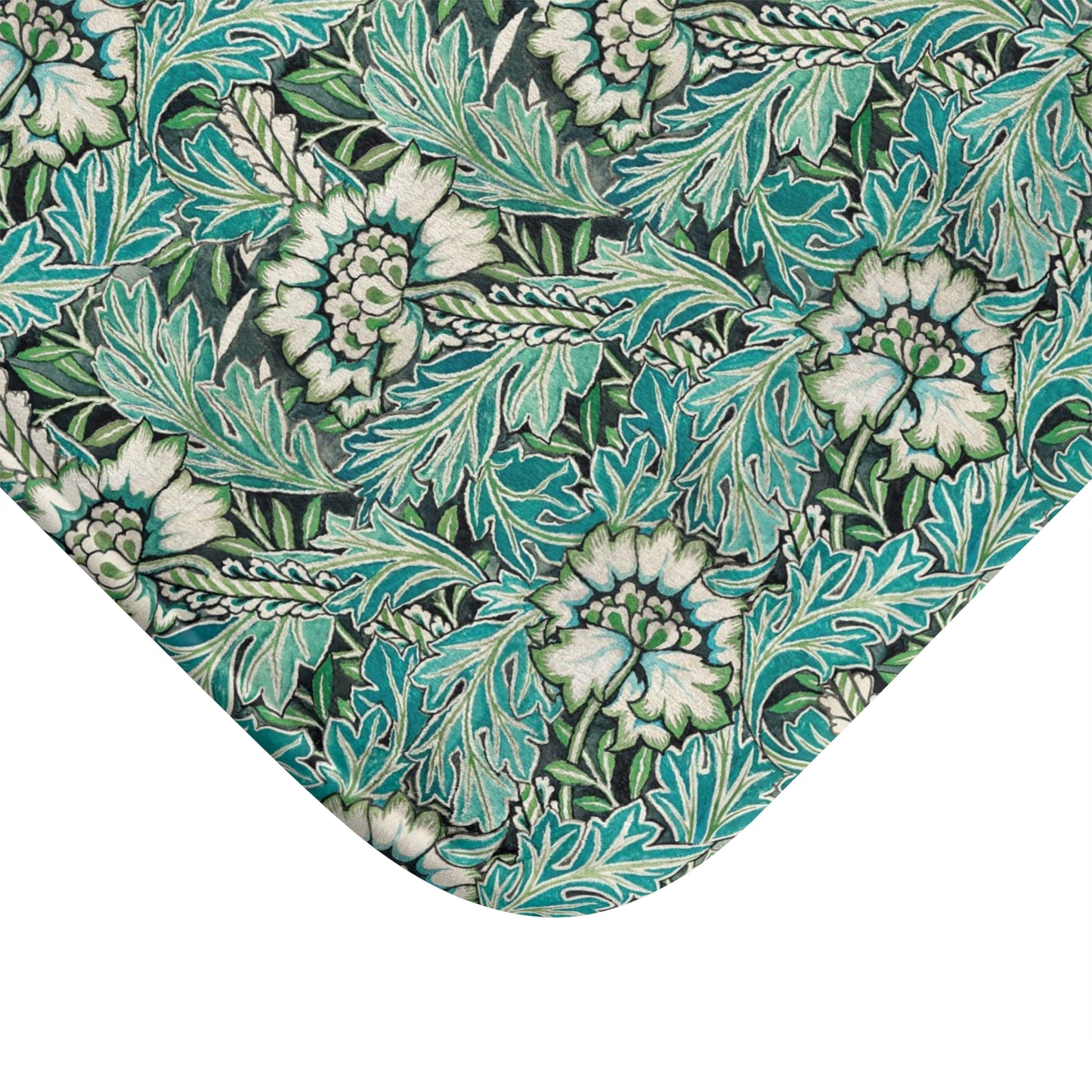 Microfibre bath mat with a floral pattern inspired by William Morris, predominantly in blue and white colours.