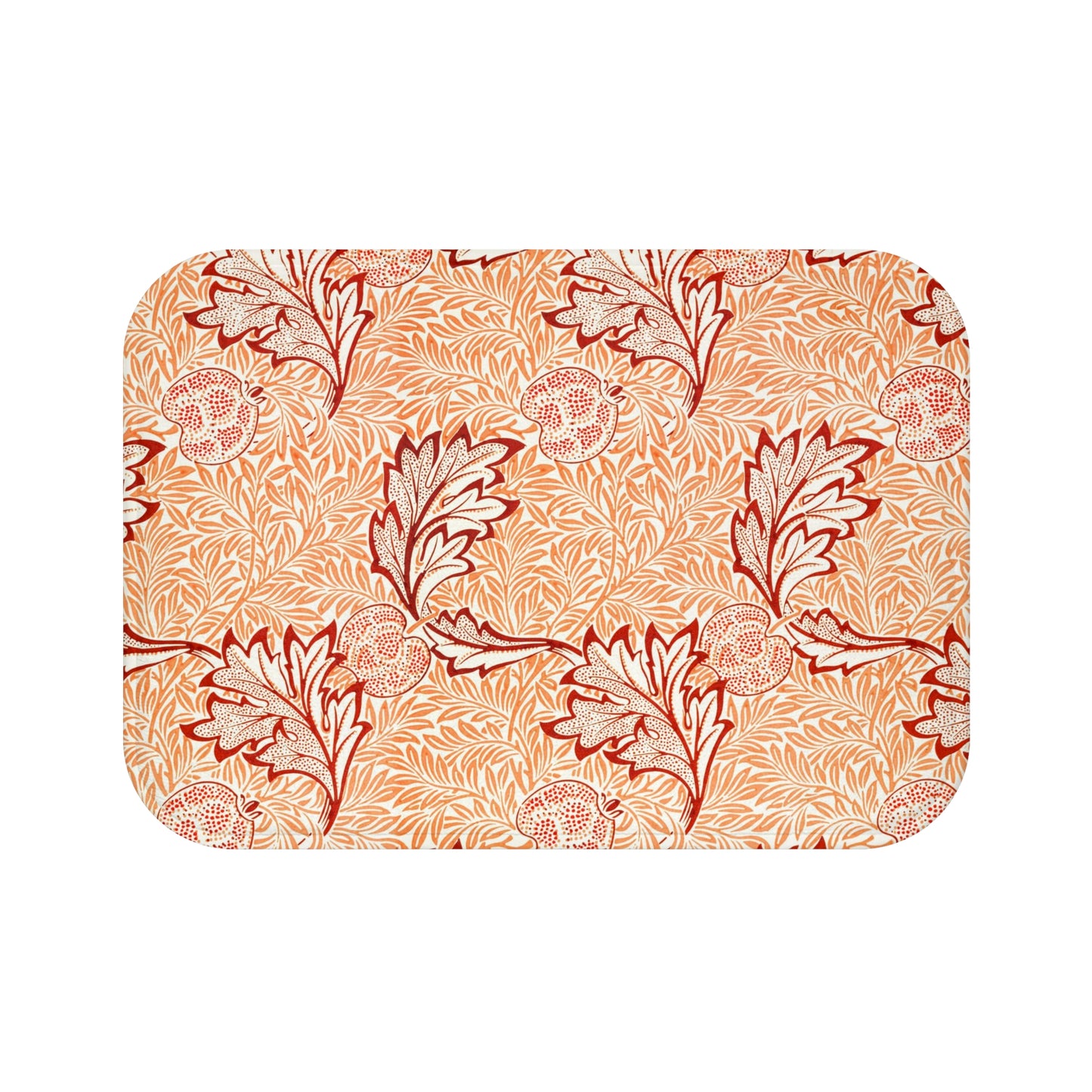 Rectangular microfibre bath mat with an orange and white floral pattern inspired by William Morris' Apple Collection.