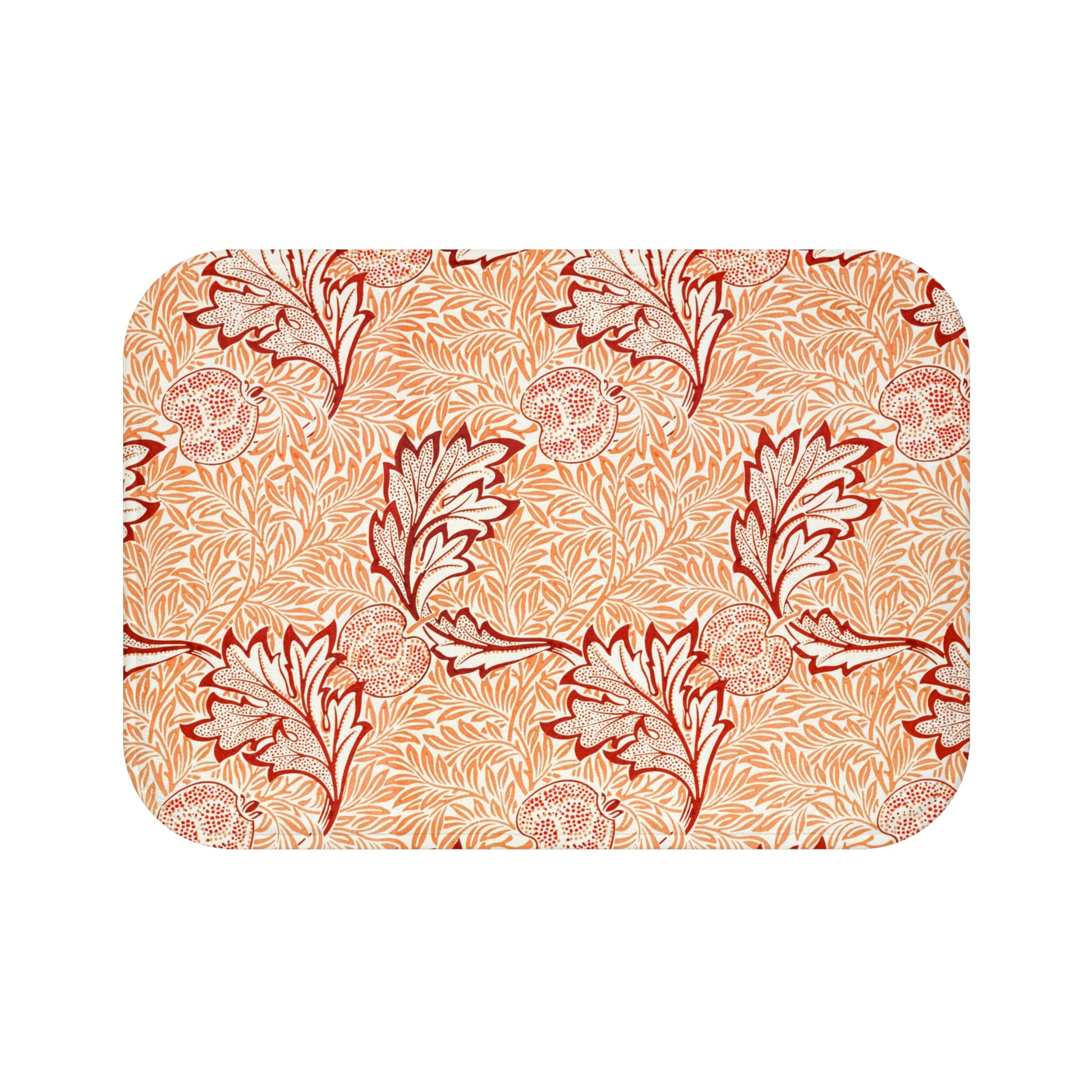Rectangular microfibre bath mat with an orange and white floral pattern inspired by William Morris' Apple Collection.