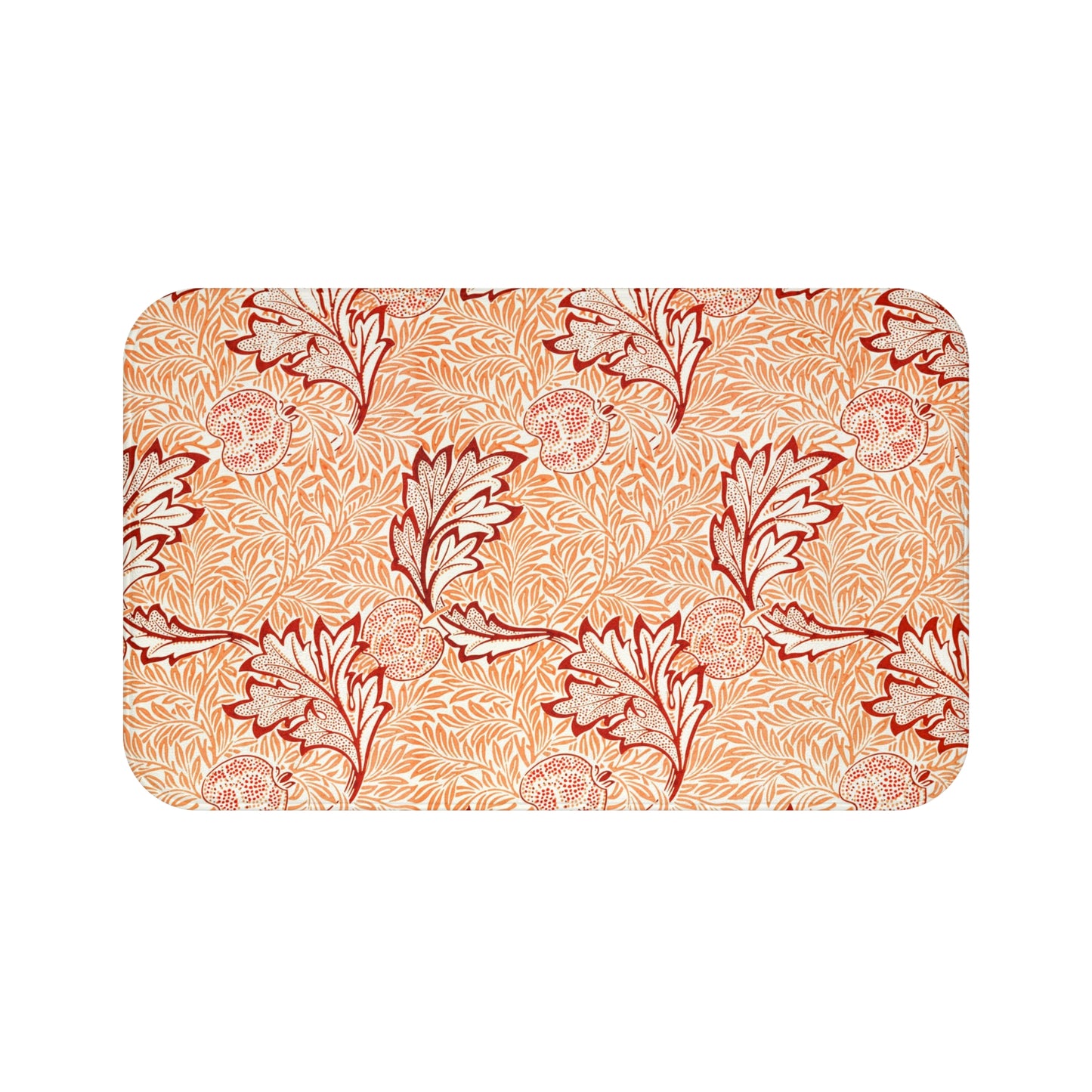 Rectangular microfibre bath mat with an orange and white floral pattern inspired by William Morris' Apple Collection.