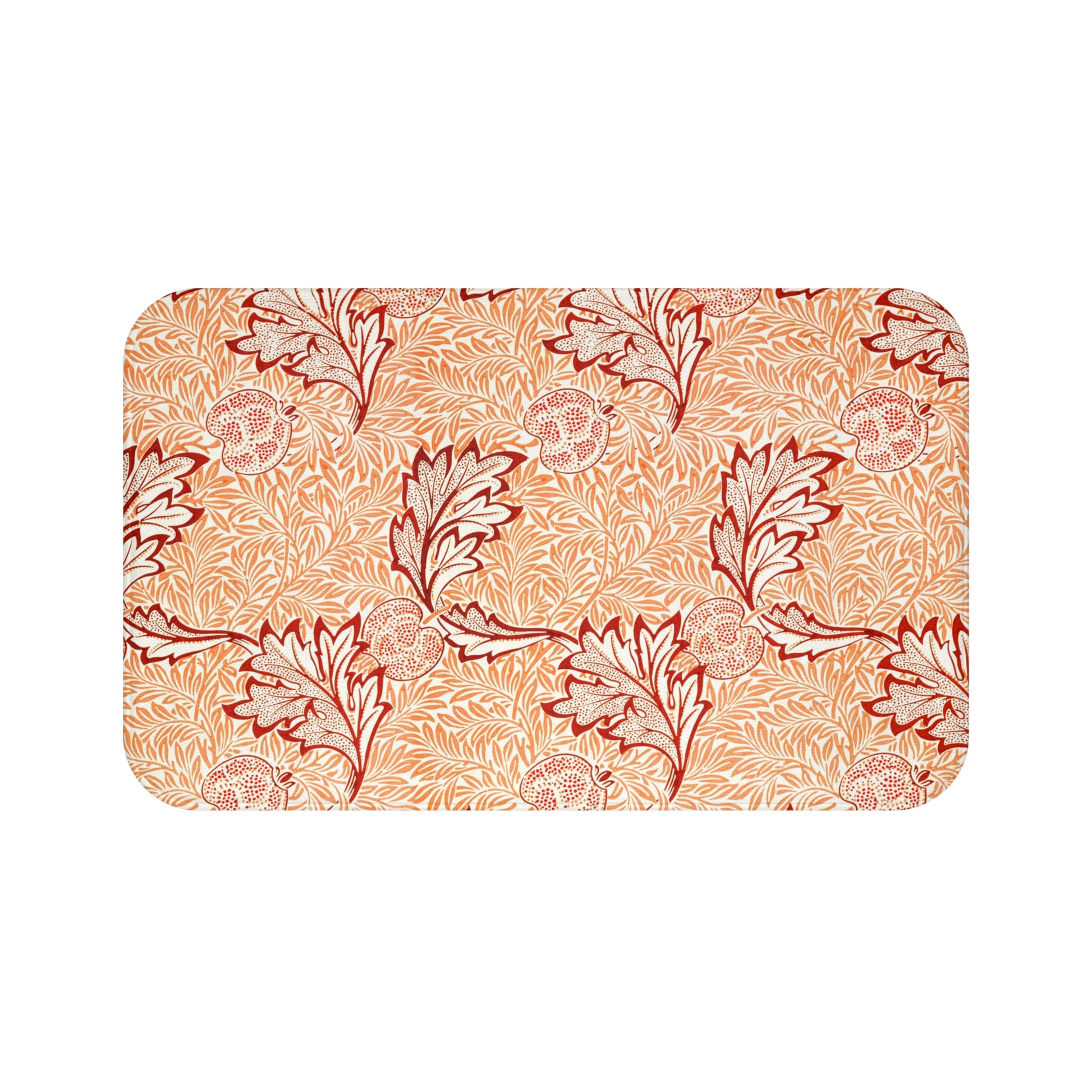 Rectangular microfibre bath mat with an orange and white floral pattern inspired by William Morris' Apple Collection.