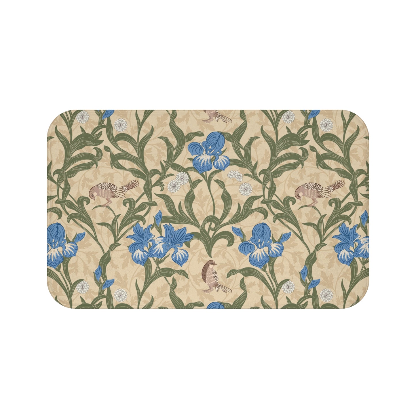 Microfibre bath mat with a floral pattern inspired by William Morris, predominantly blue irises on a beige background.