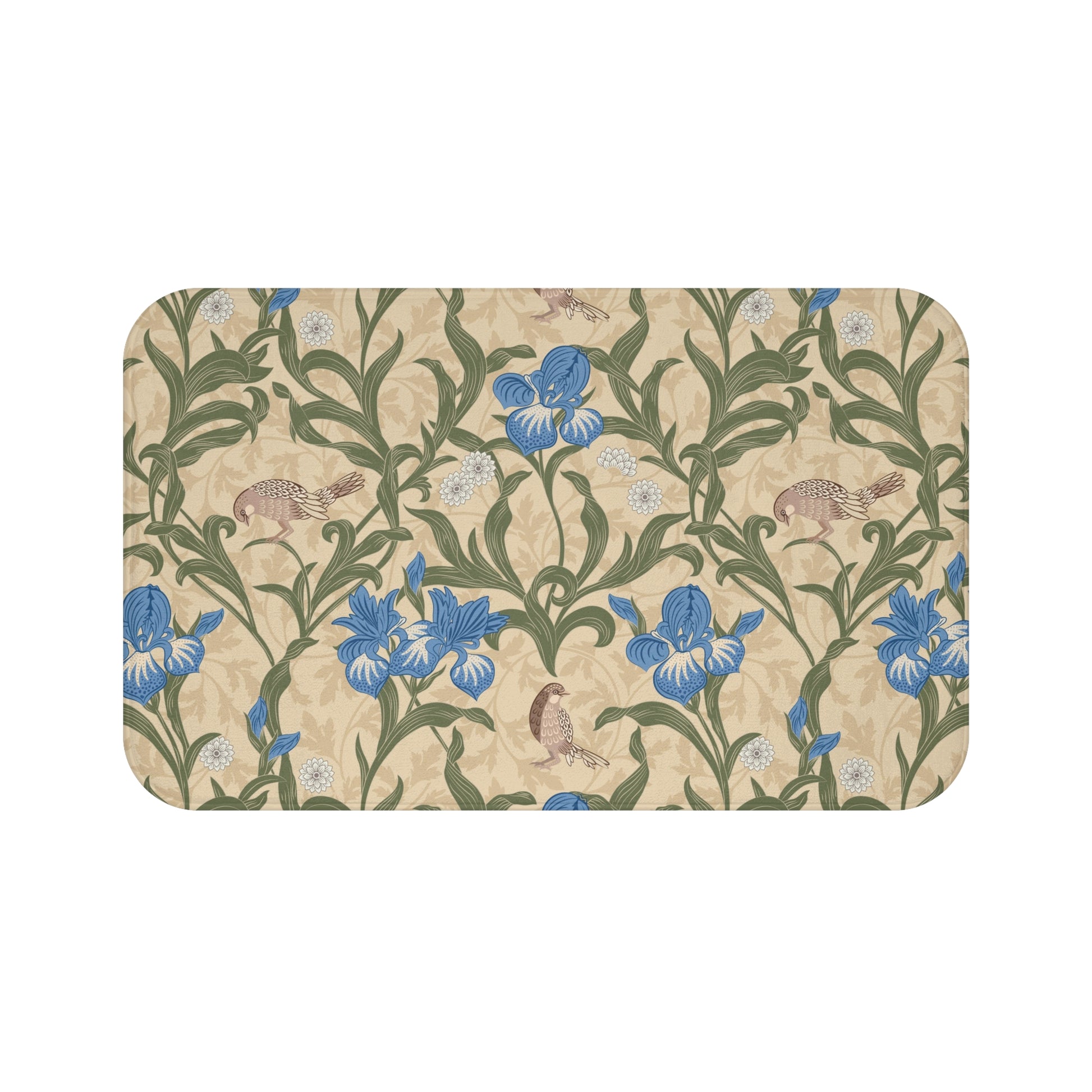 Microfibre bath mat with a floral pattern inspired by William Morris, predominantly blue irises on a beige background.