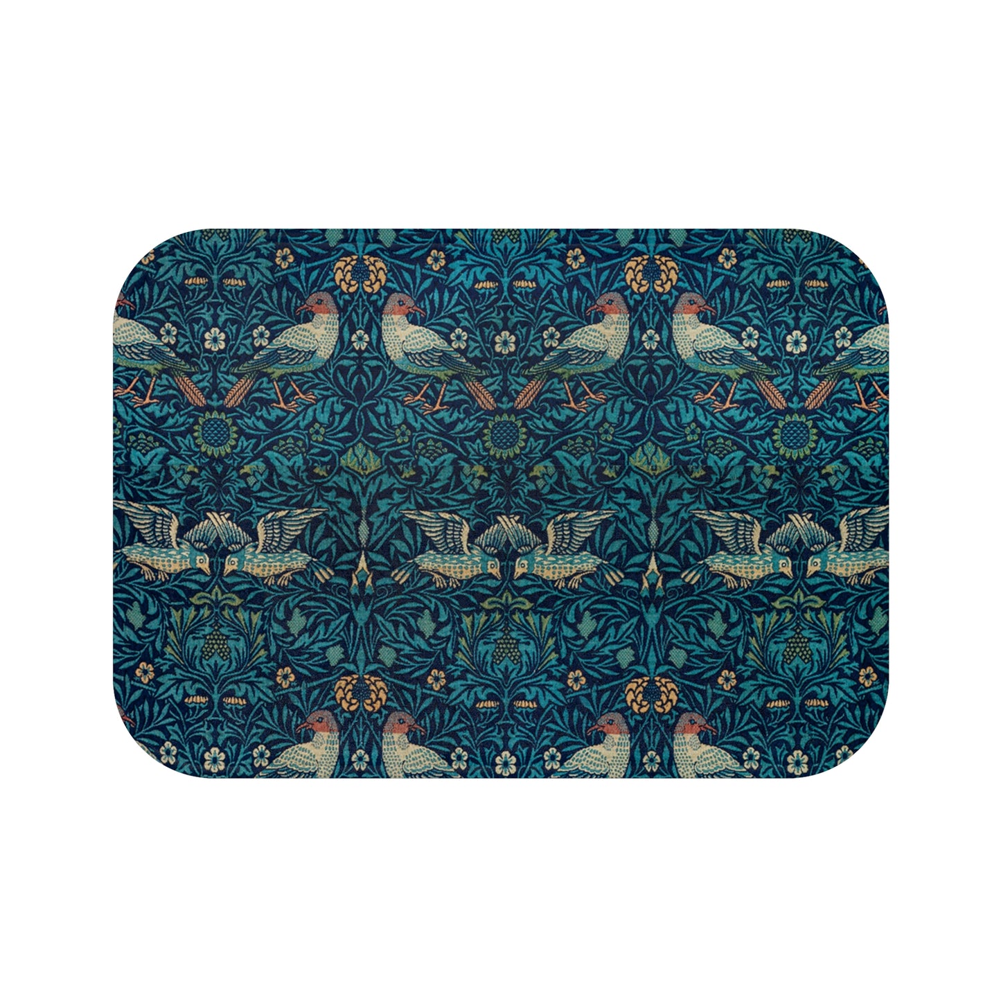 Microfibre bath mat with a blue colour and a pattern inspired by William Morris, featuring birds and floral designs.