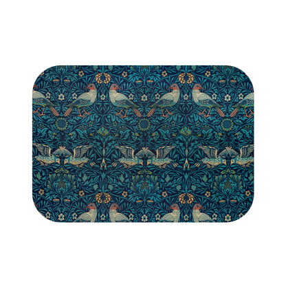 Microfibre bath mat with a blue colour and a pattern inspired by William Morris, featuring birds and floral designs.