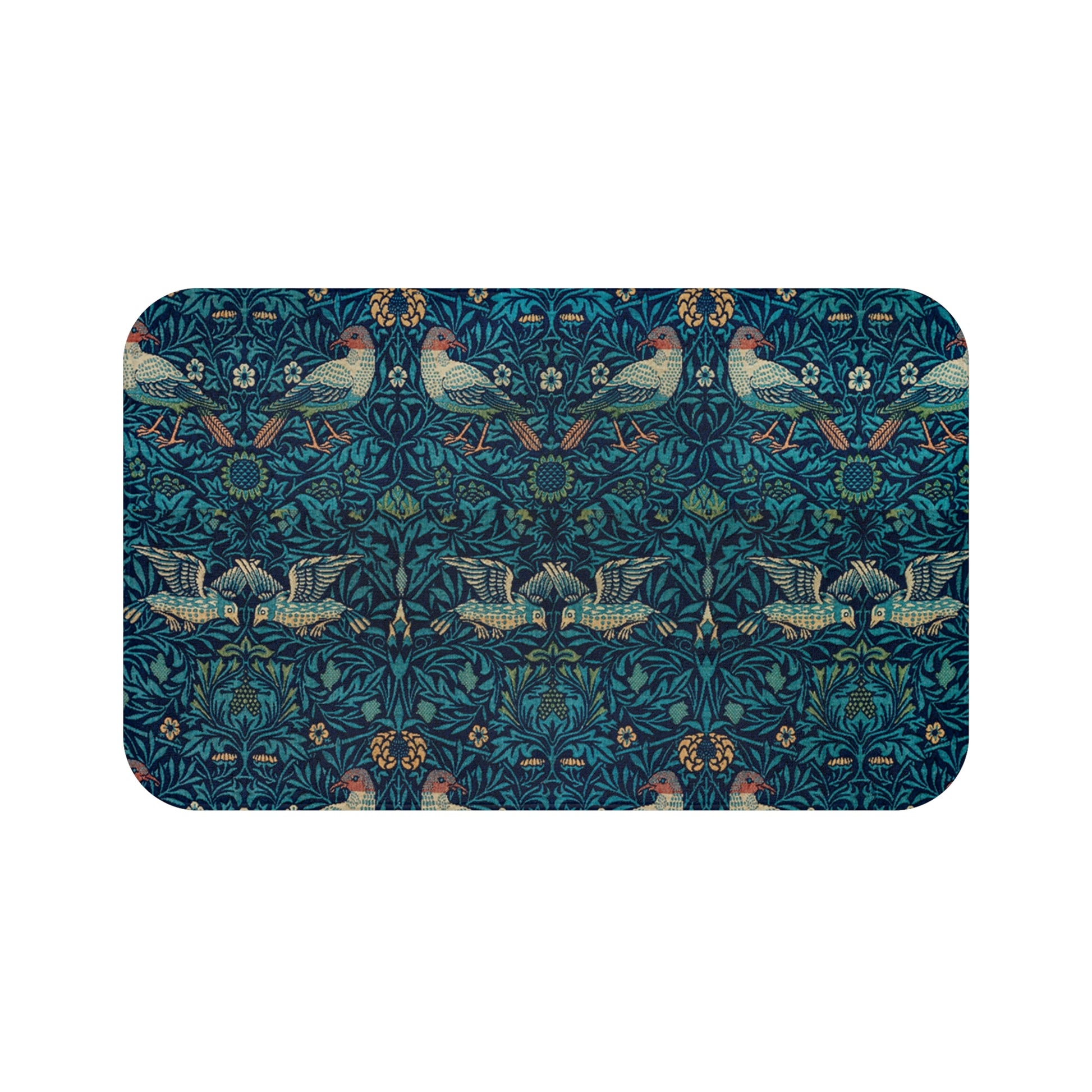 Microfibre bath mat with a blue color and a pattern inspired by William Morris, featuring birds and floral designs.