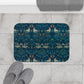 Microfibre bath mat with a blue colour and a pattern inspired by William Morris, featuring birds and floral designs.