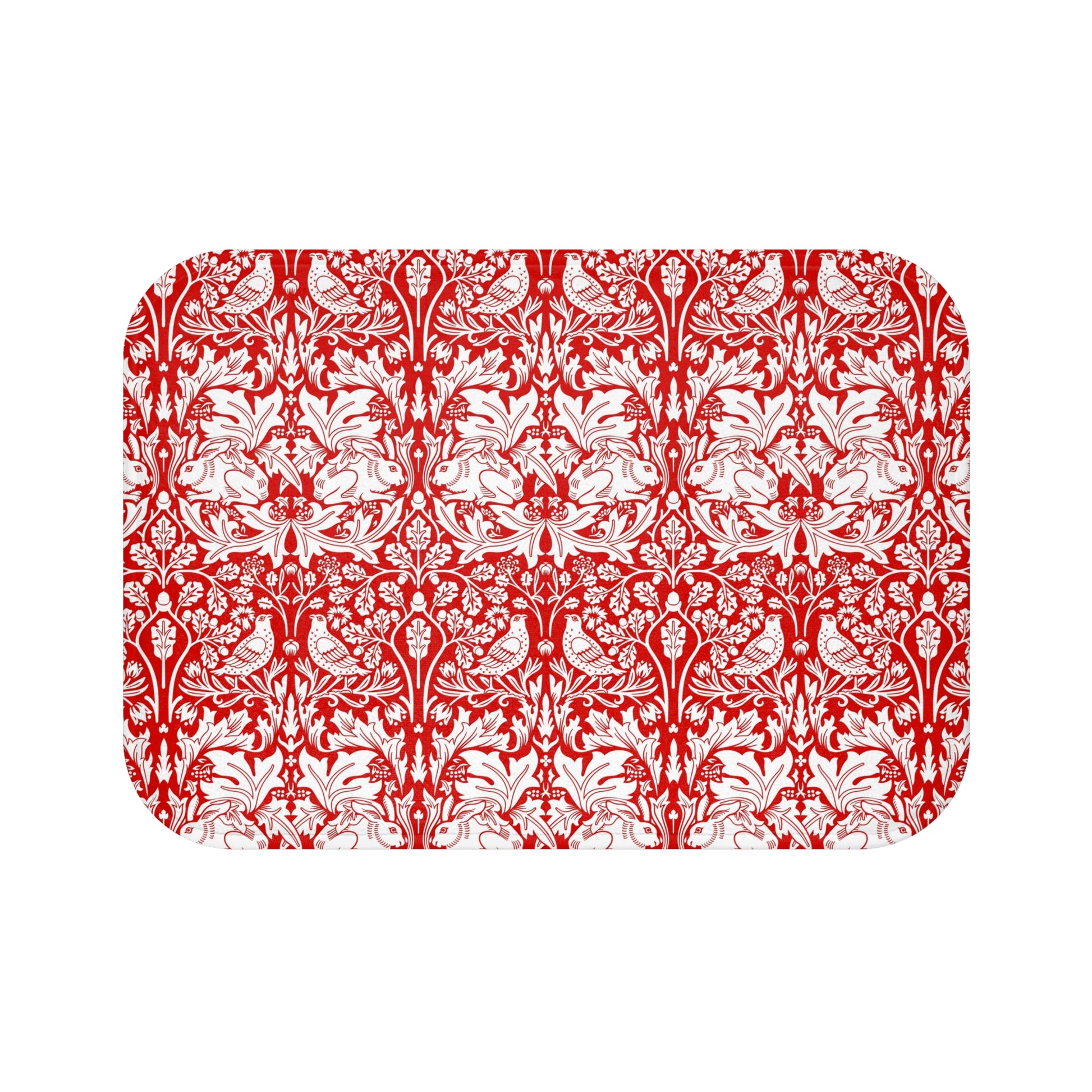 Rectangular placemat with red and white floral pattern on a white background