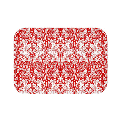 Rectangular placemat with red and white floral pattern on a white background