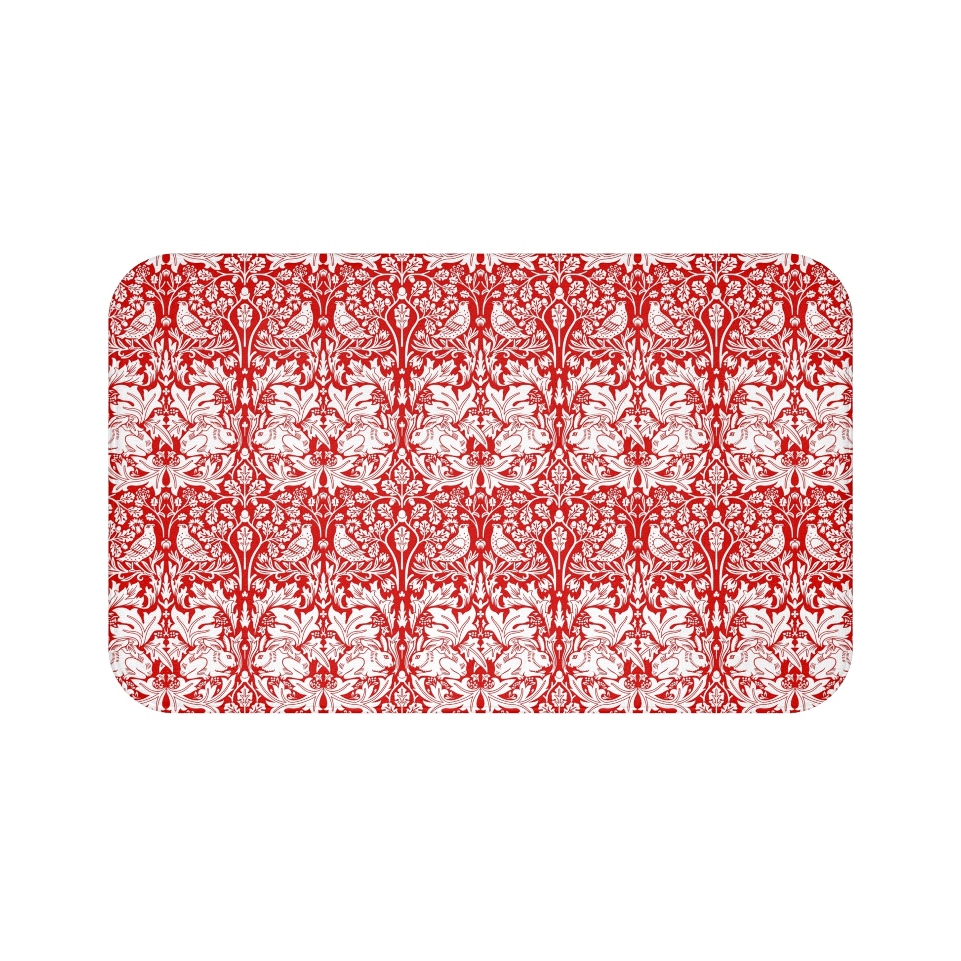 Rectangular mat with red and white floral pattern on a white background