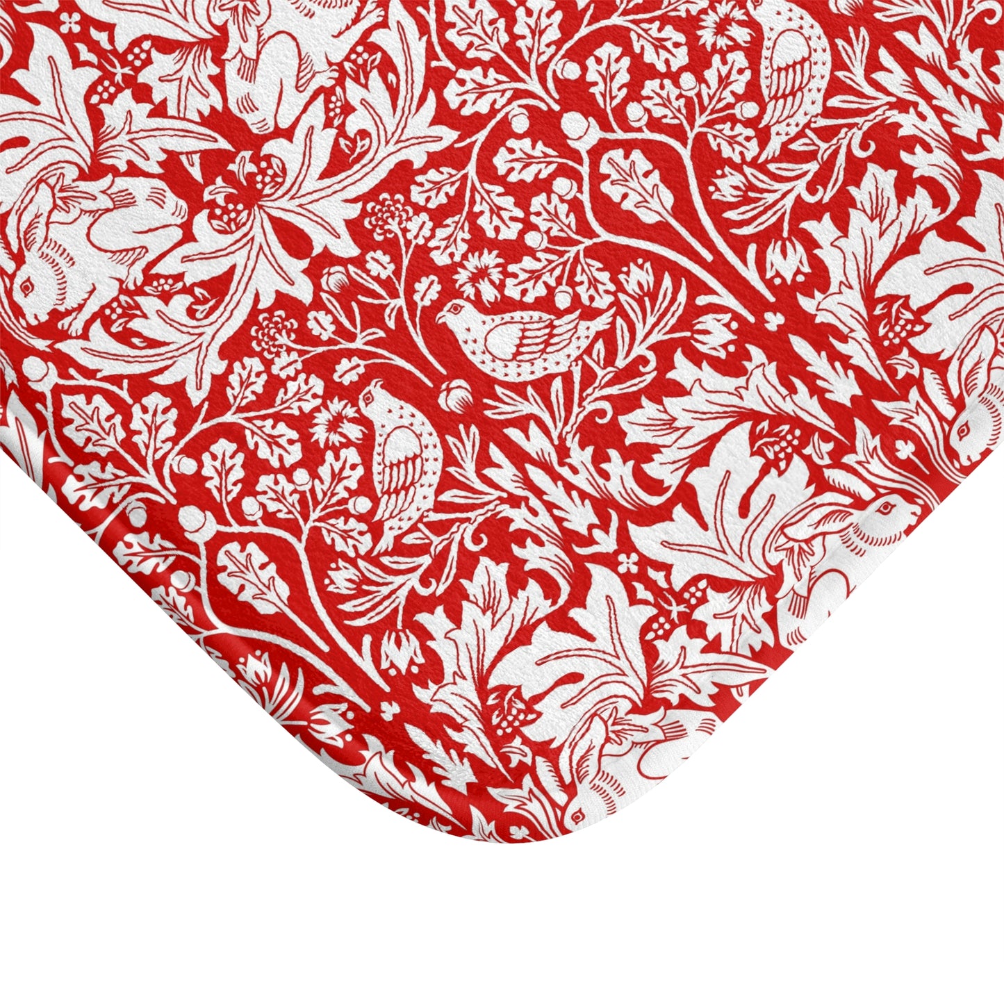 Red and white floral and animal patterned fabric