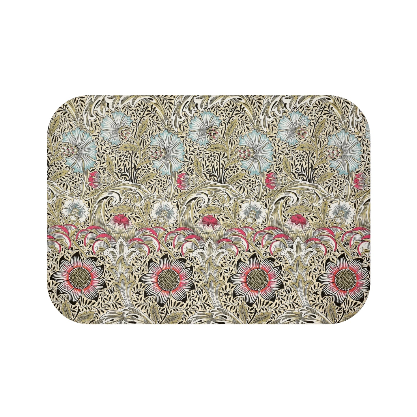 A rectangular microfibre bath mat with a floral pattern inspired by William Morris, predominantly in beige, green and pink colours.