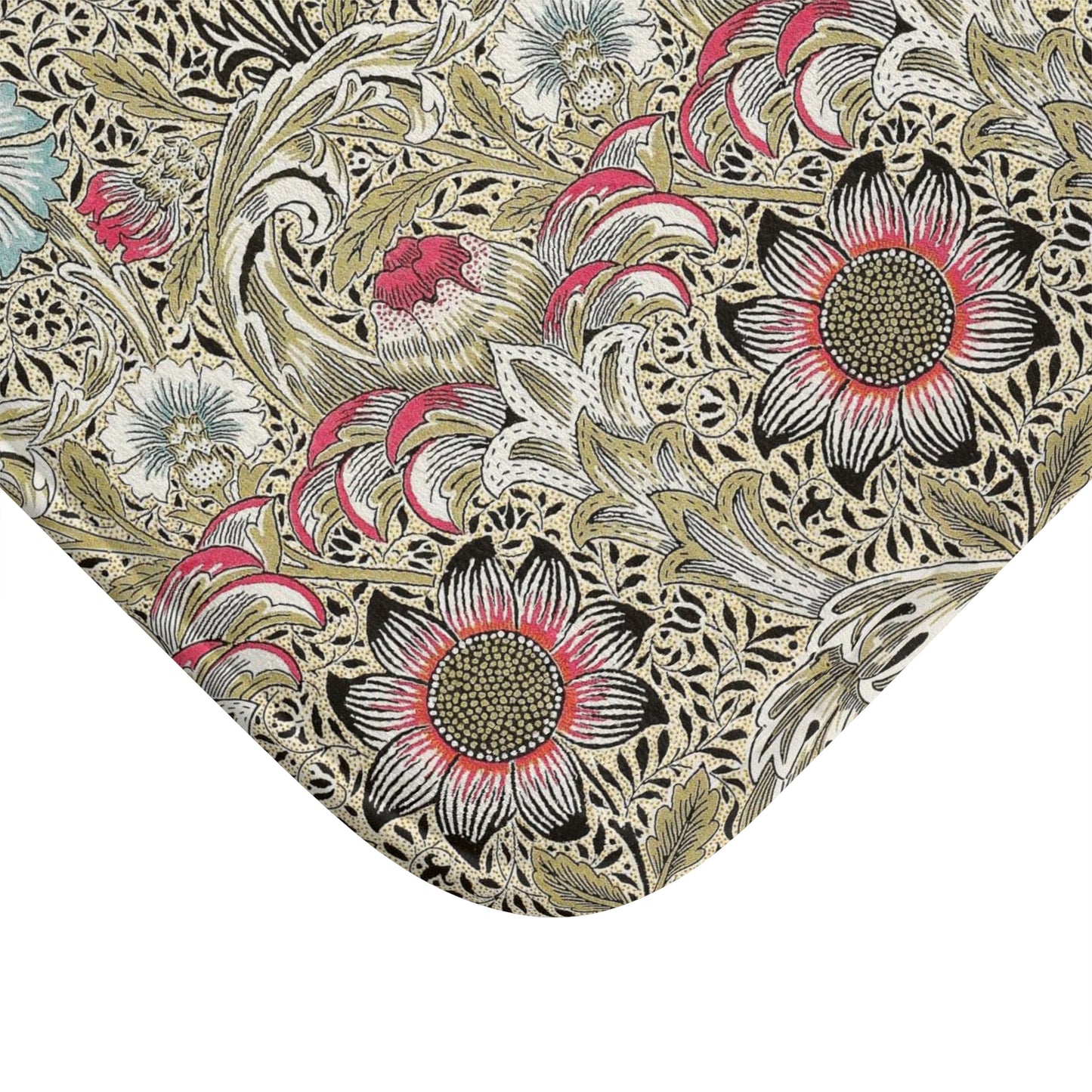 A rectangular microfibre bath mat with a floral pattern inspired by William Morris, predominantly in beige, green and pink colours.