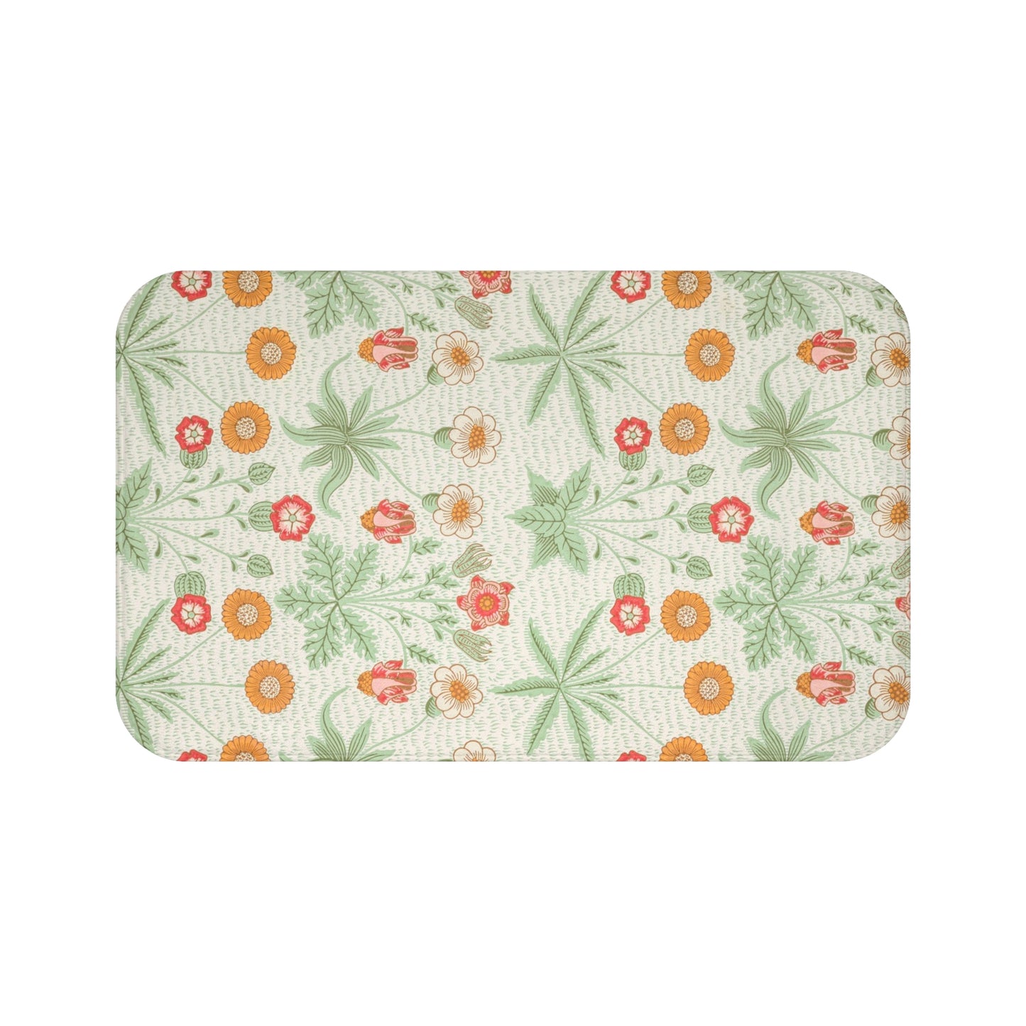 A rectangular microfibre bath mat with a floral pattern inspired by William Morris, featuring colors predominantly in green and orange.