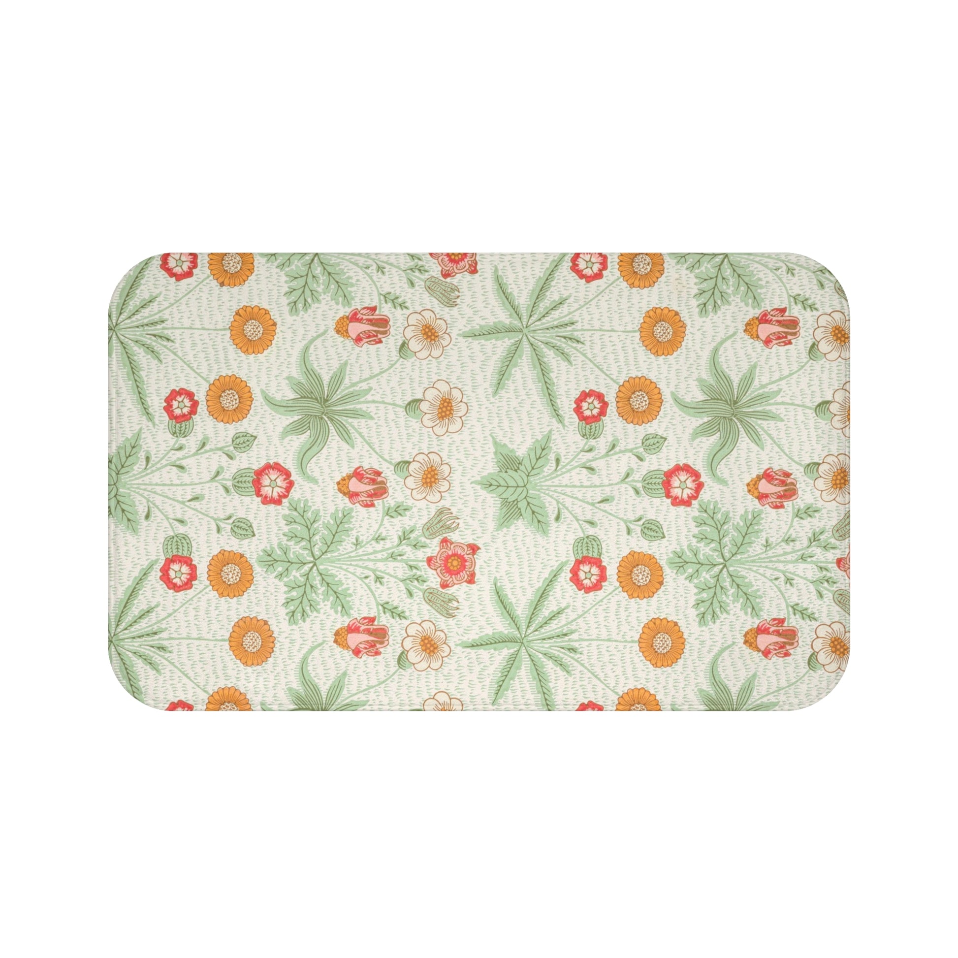 A rectangular microfibre bath mat with a floral pattern inspired by William Morris, featuring colors predominantly in green and orange.