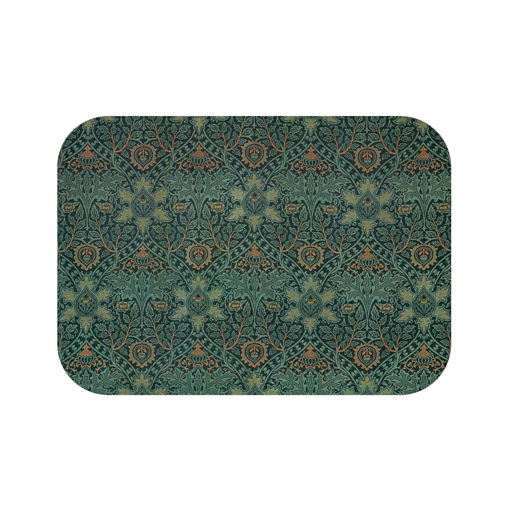 Rectangular microfibre bath mat with an intricate floral pattern in green and gold colours, with rounded edges and a non-slip black backing from William Morris.
