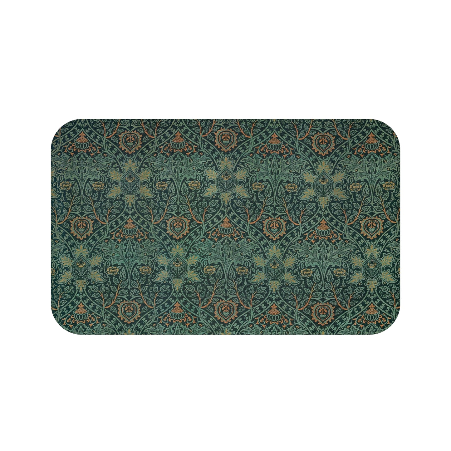 Rectangular microfibre bath mat with an intricate floral pattern in green and gold colors, with rounded edges and a non-slip black backing.
