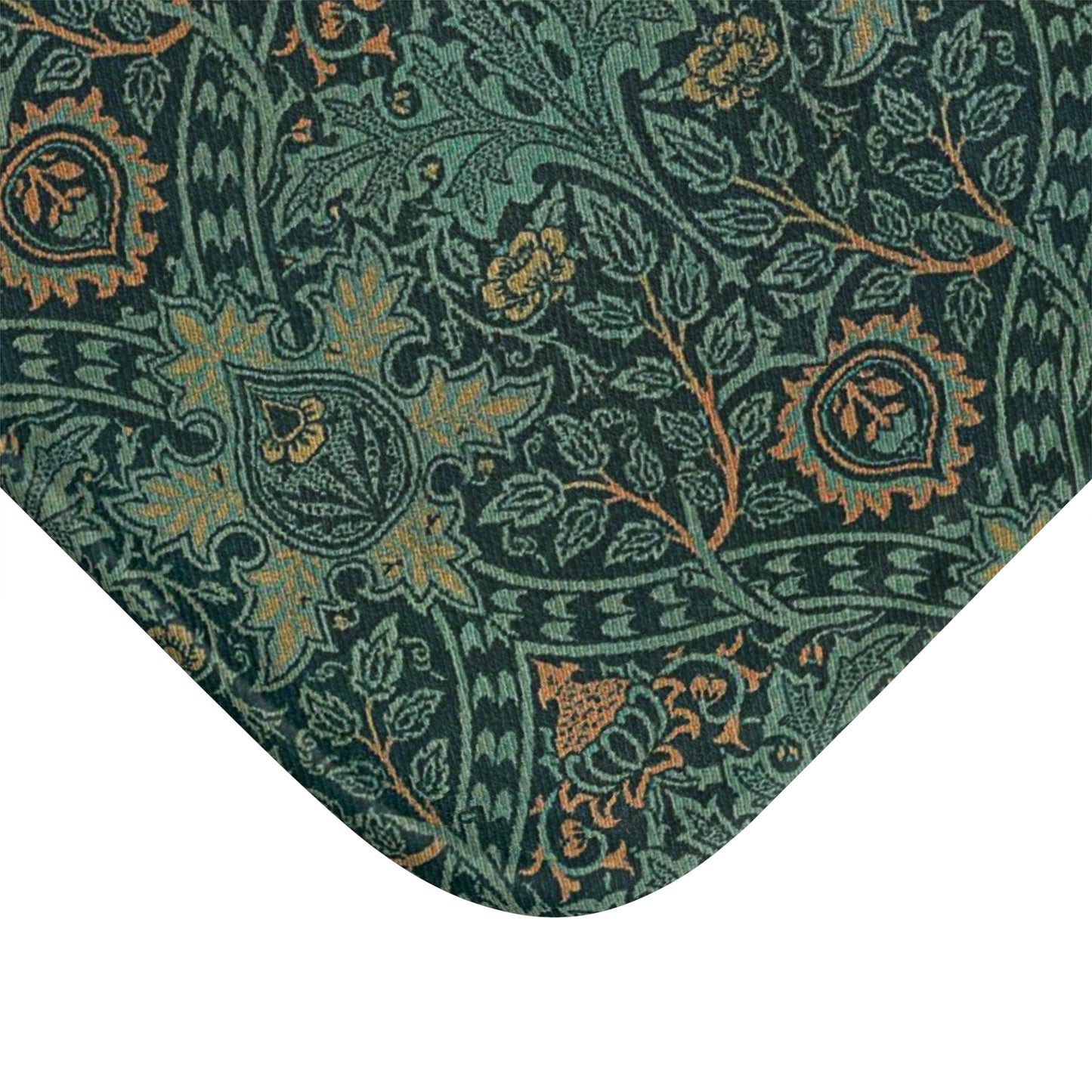 Rectangular microfibre bath mat with an intricate floral pattern in green and gold colours, with rounded edges and a non-slip black backing from William Morris.