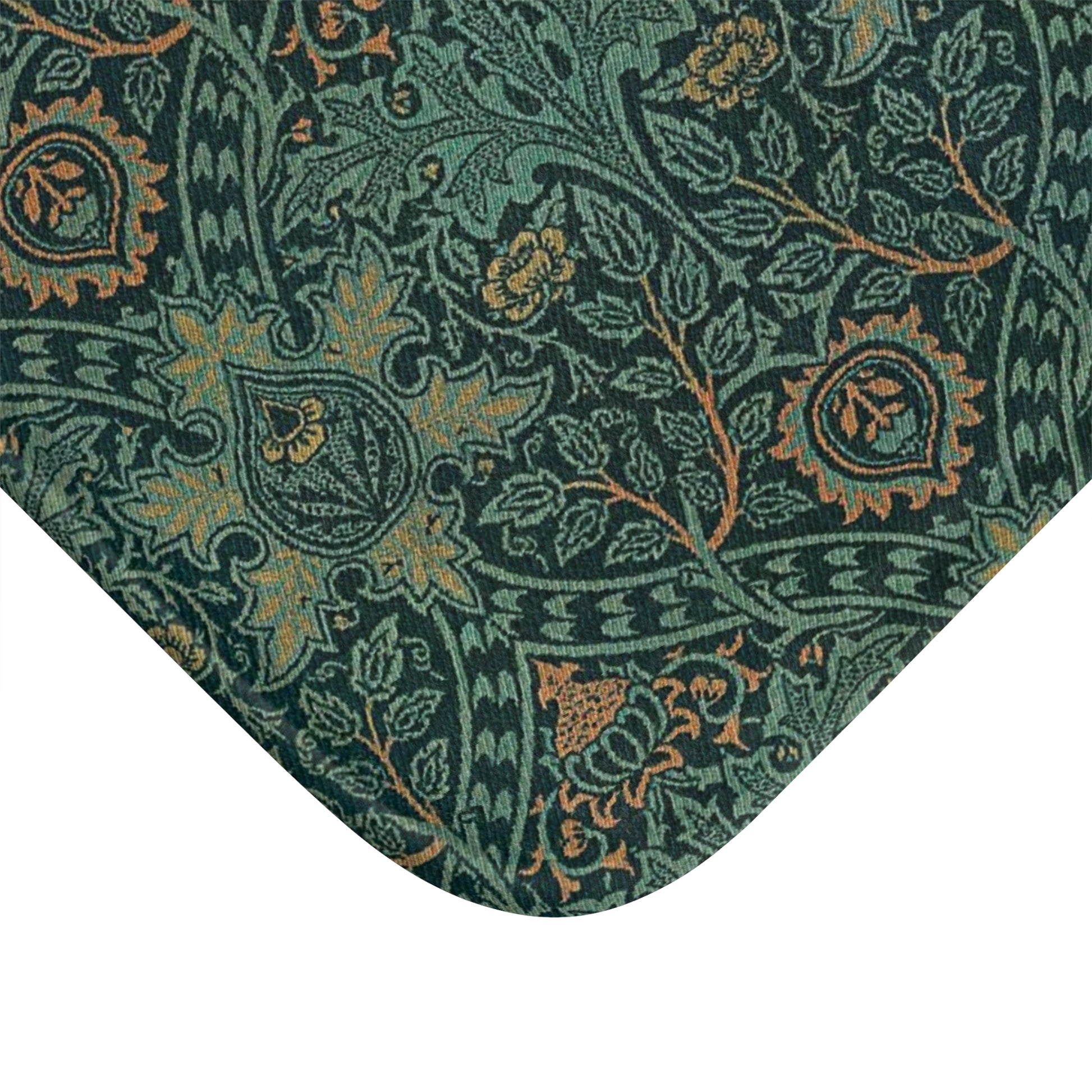 Rectangular microfibre bath mat with an intricate floral pattern in green and gold colours, with rounded edges and a non-slip black backing from William Morris.