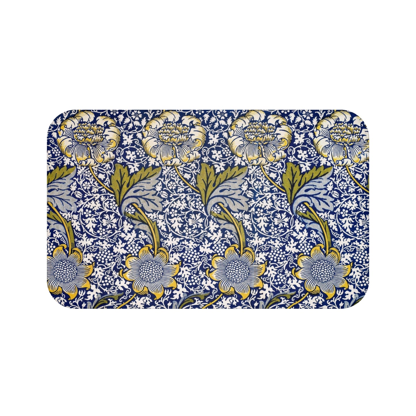 Floral patterned mat with blue and yellow design on a white background