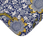 Fabric with blue and yellow floral pattern on a white background