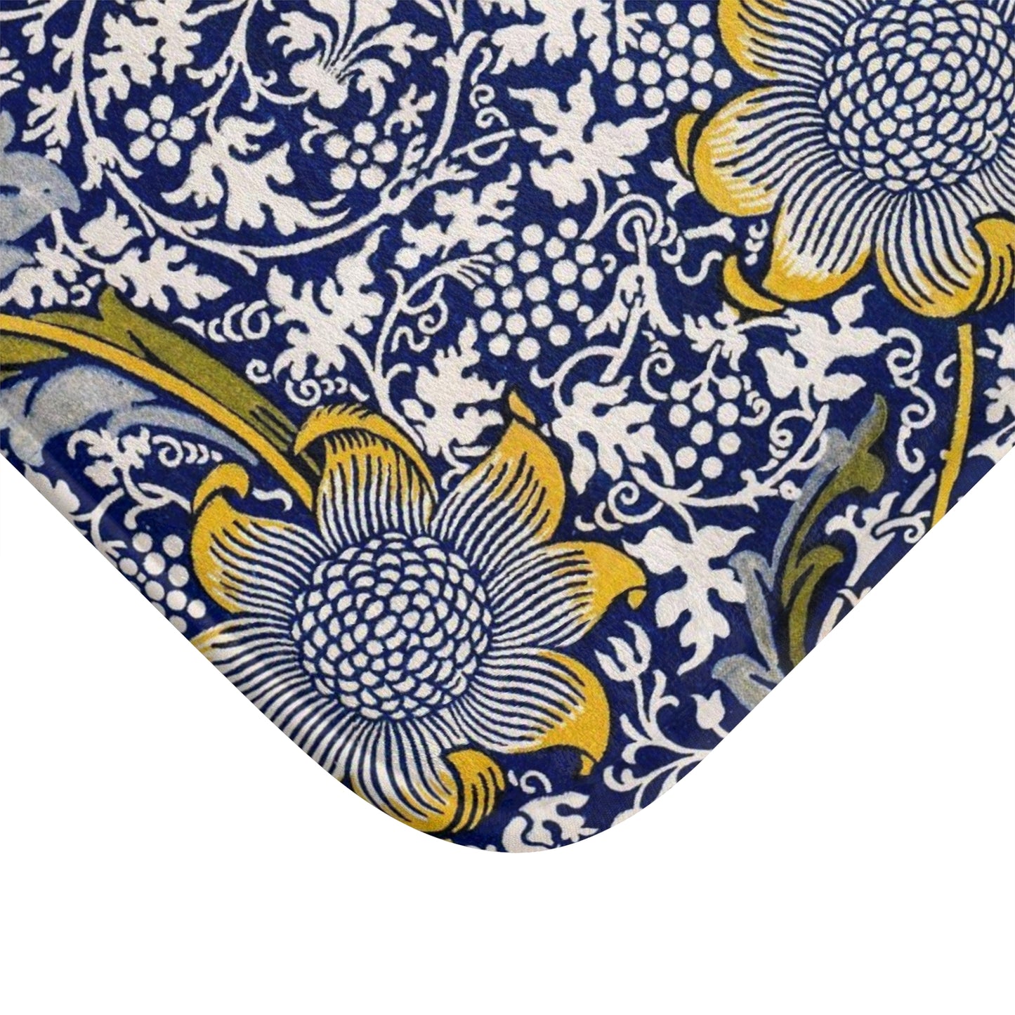Fabric with blue and yellow floral pattern on a white background