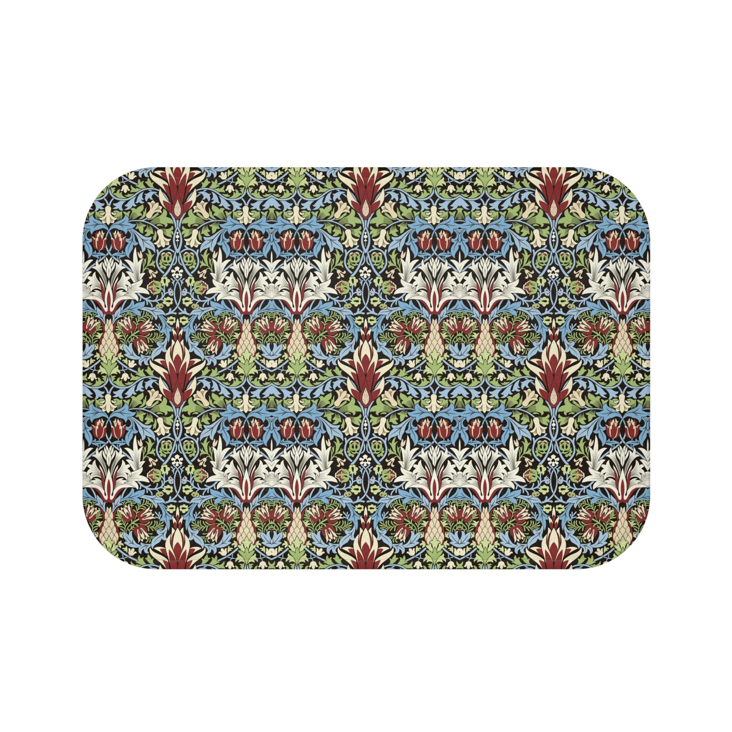 Rectangular mat with a colorful geometric pattern on a white background
