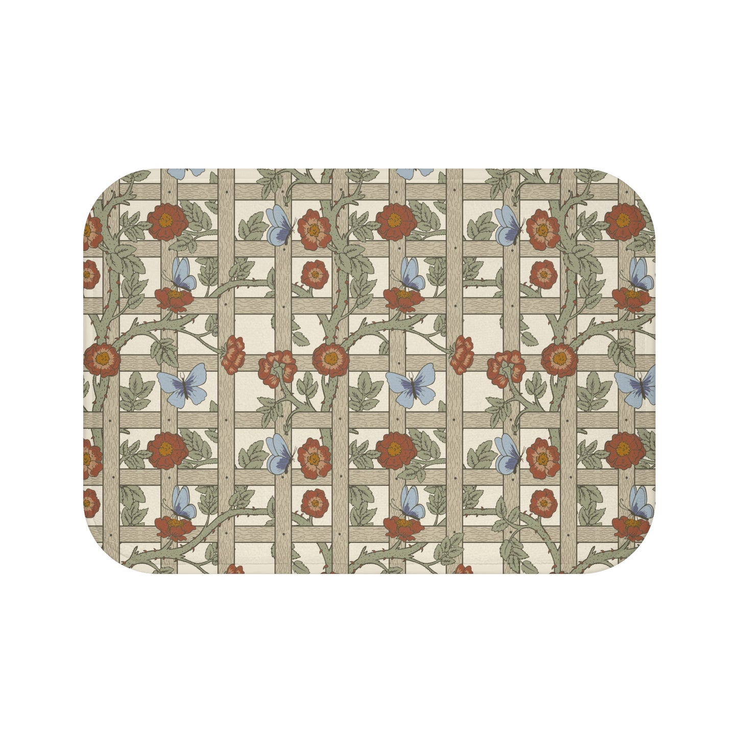 A microfibre bath mat with a floral pattern inspired by William Morris, featuring a grid of flowers and leaves.