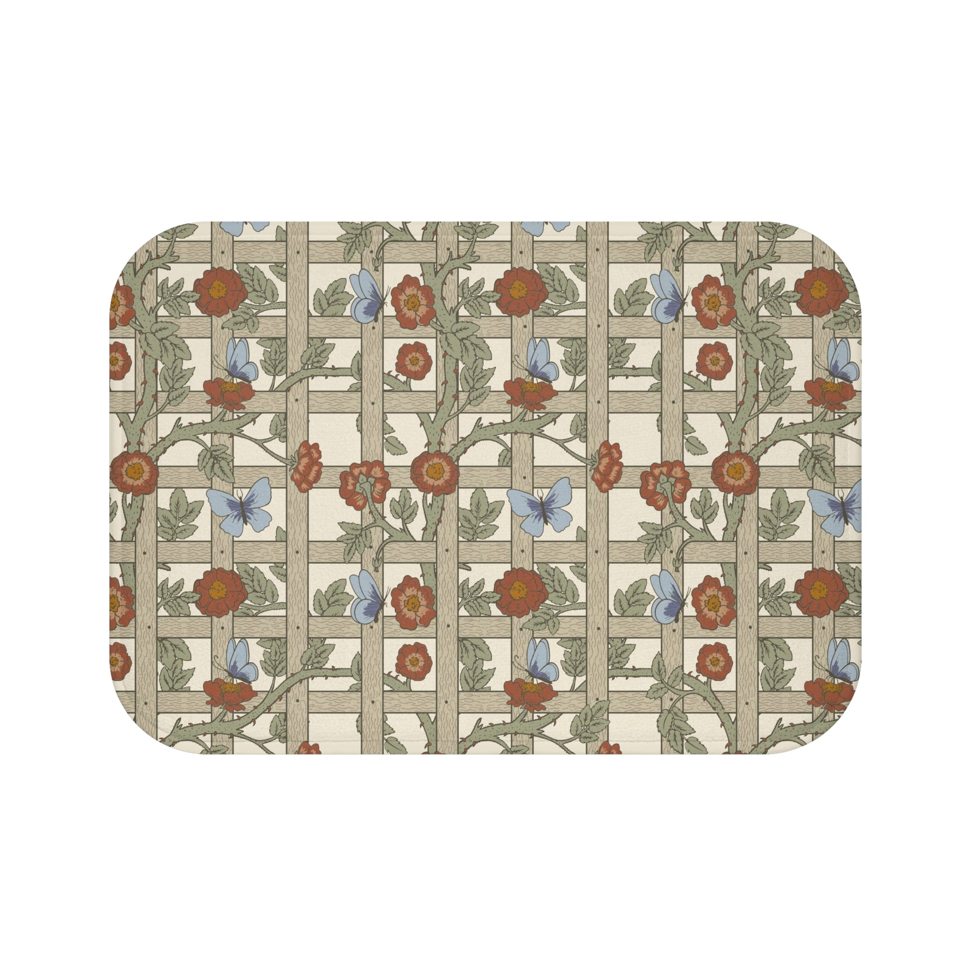 A microfibre bath mat with a floral pattern inspired by William Morris, featuring a grid of flowers and leaves.