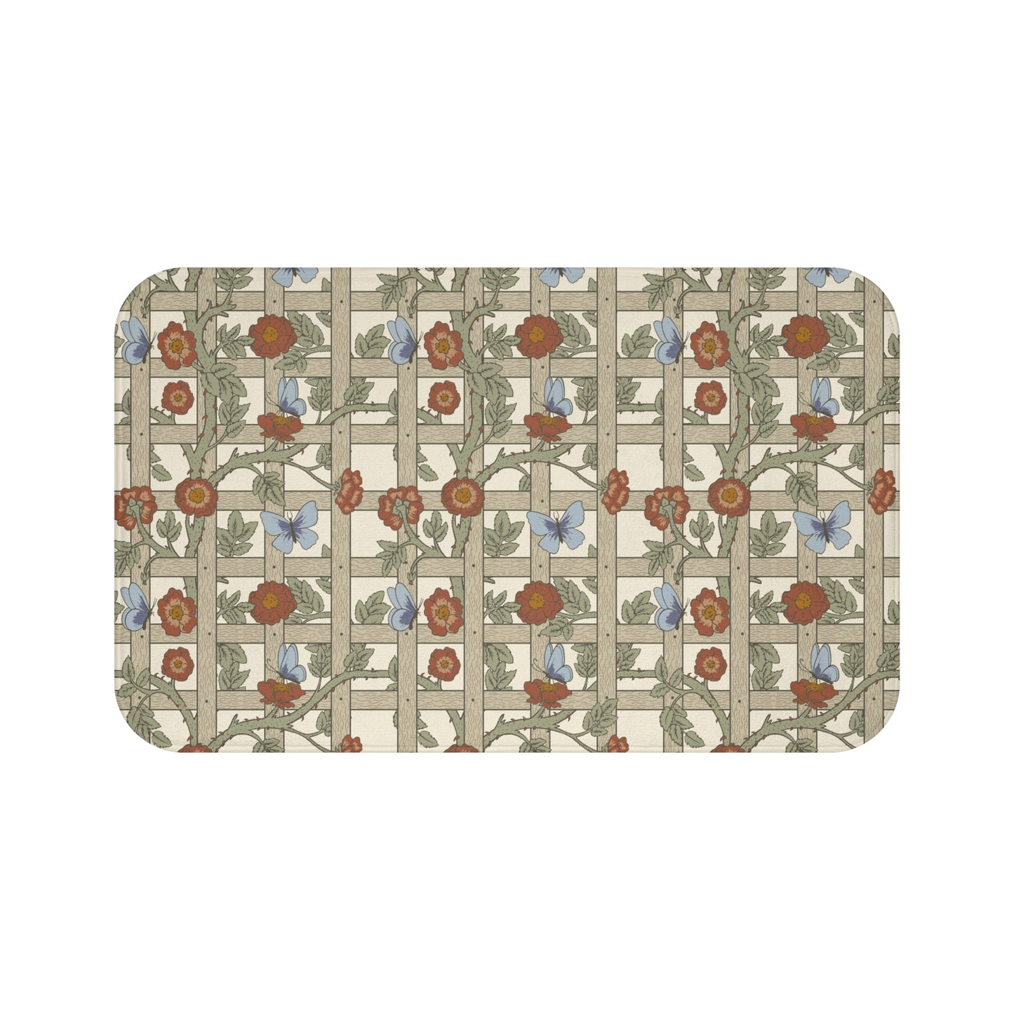 A microfibre bath mat with a floral pattern inspired by William Morris, featuring a grid of flowers and leaves.