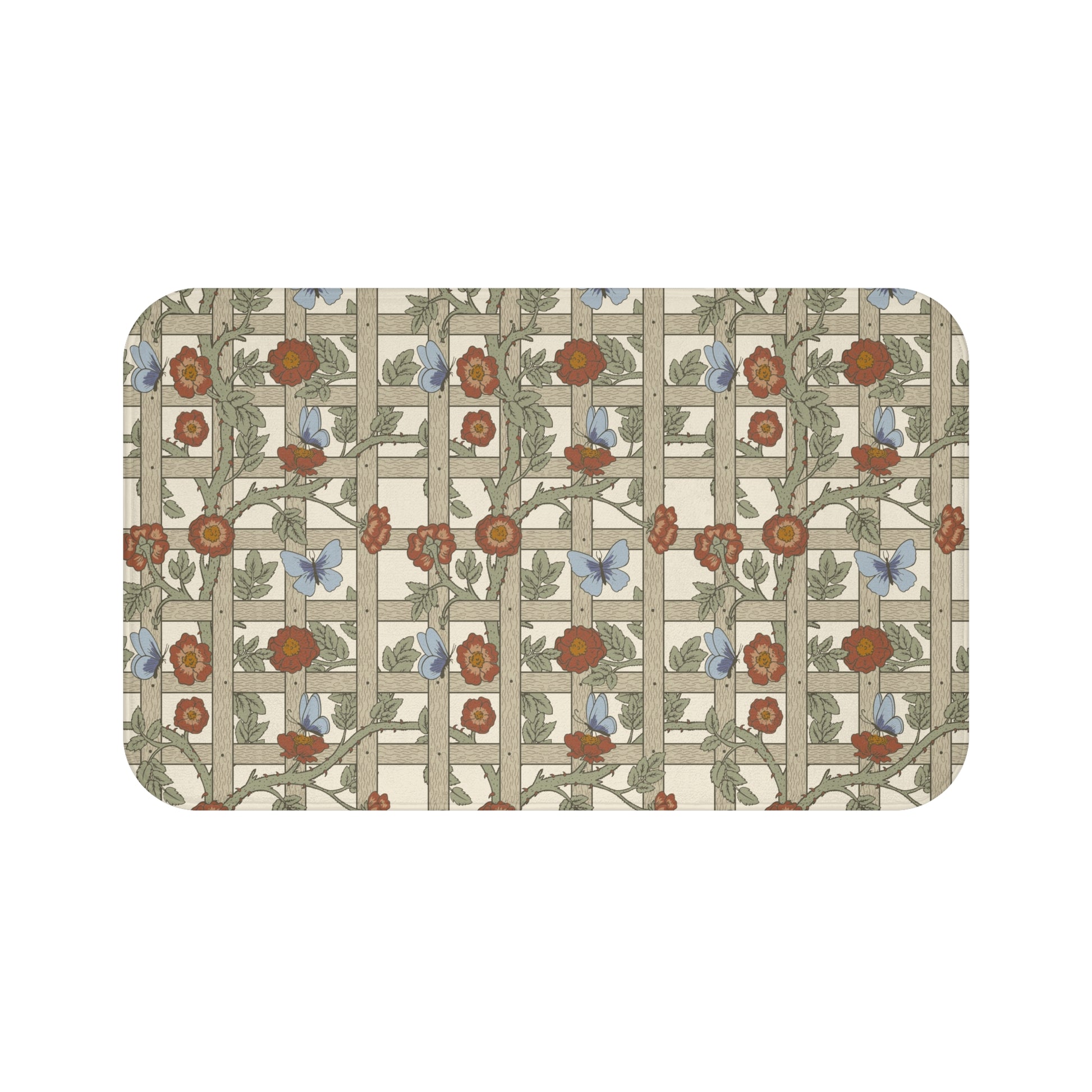 A microfibre bath mat with a floral pattern inspired by William Morris, featuring a grid of flowers and leaves.
