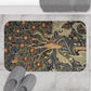 Decorative doormat with nature-themed design on a tiled floor with slippers.