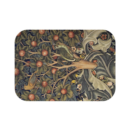 Decorative mat with nature-themed design featuring trees, birds, and flowers on a white background.