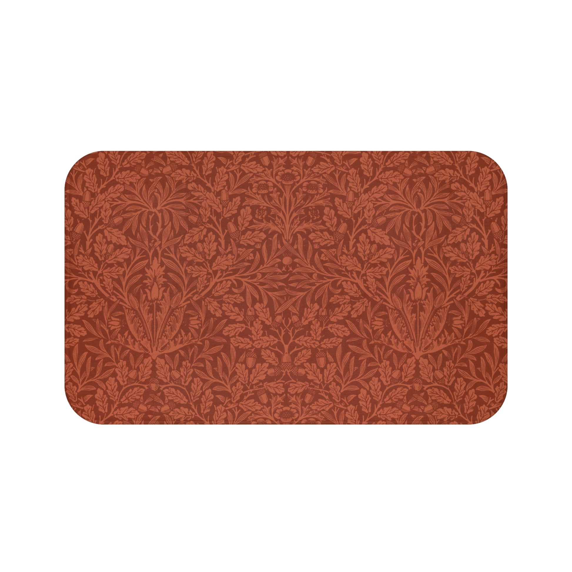 Rectangular microfibre bath mat in a rust colour with a floral pattern inspired by William Morris.