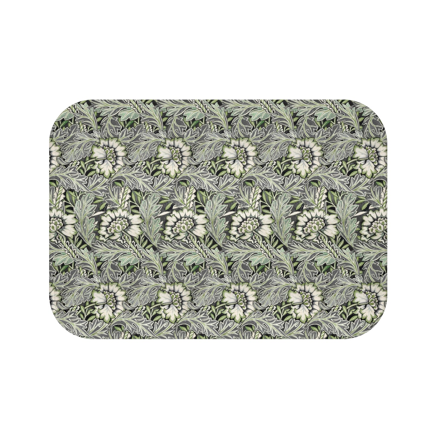 Microfibre bath mat with a floral pattern inspired by William Morris, predominantly grey in colour.