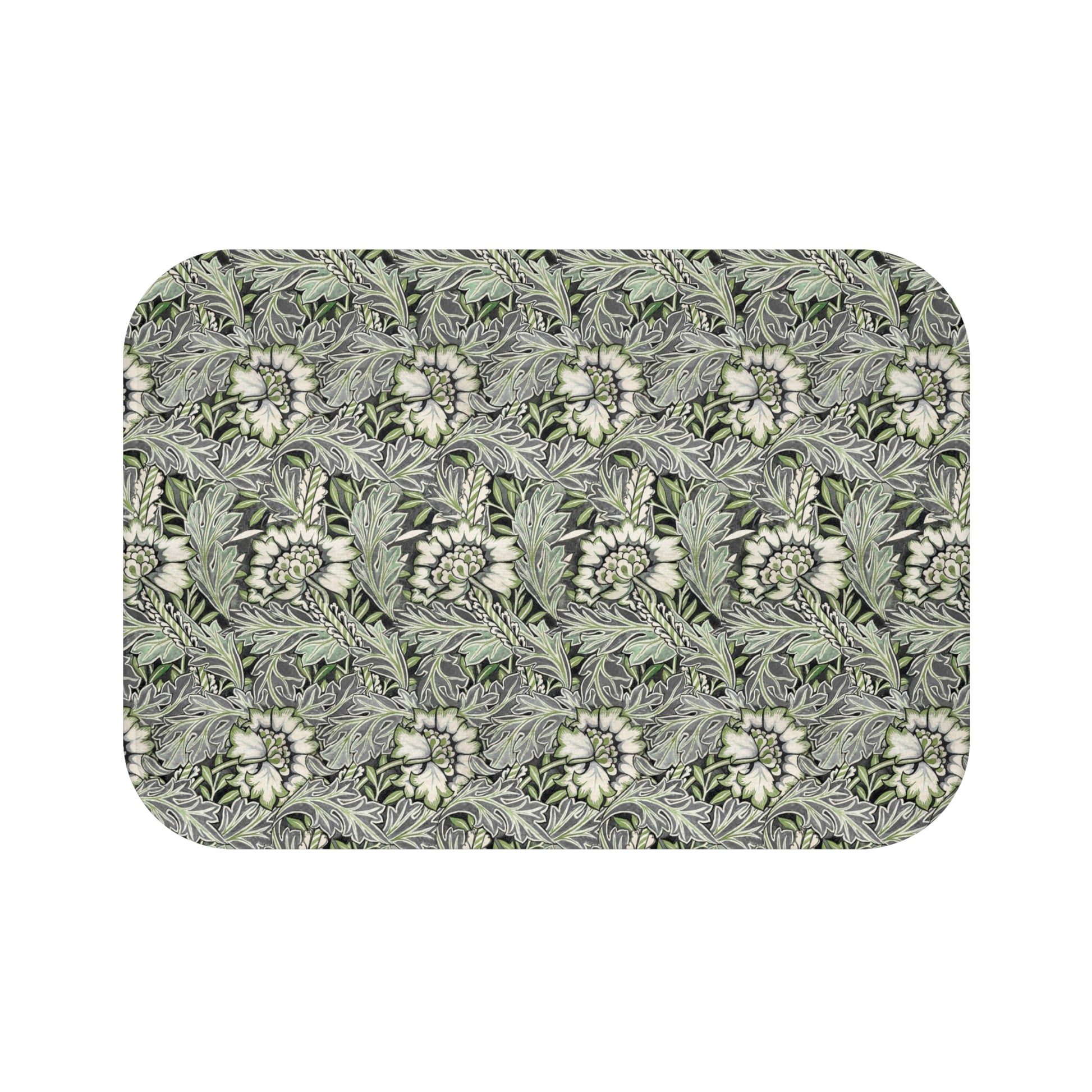 Microfibre bath mat with a floral pattern inspired by William Morris, predominantly grey in colour.