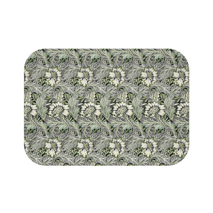 Microfibre bath mat with a floral pattern inspired by William Morris, predominantly grey in colour.